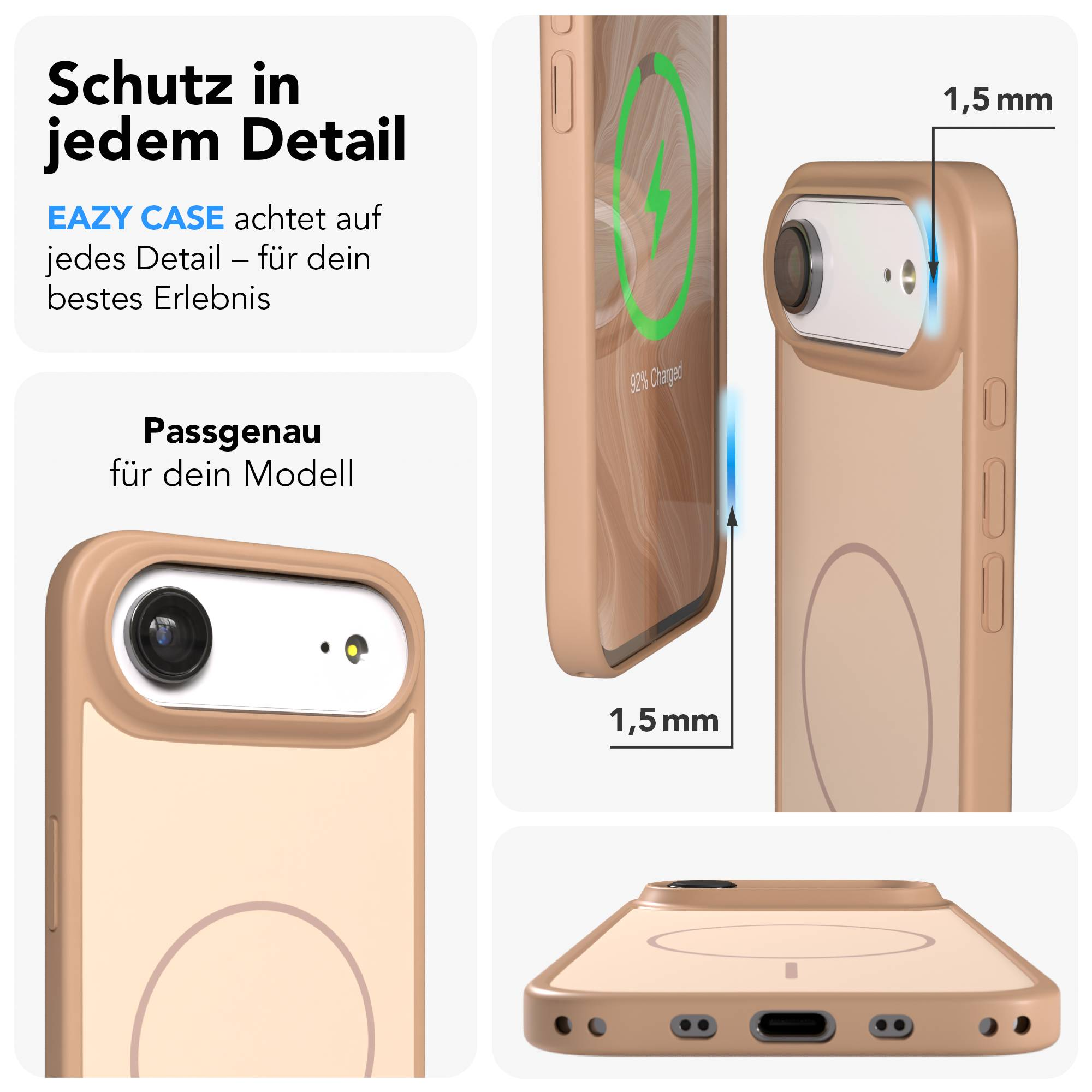 Ein hellbraunes Handycase mit Kameraaussparung und Ladeanzeige.