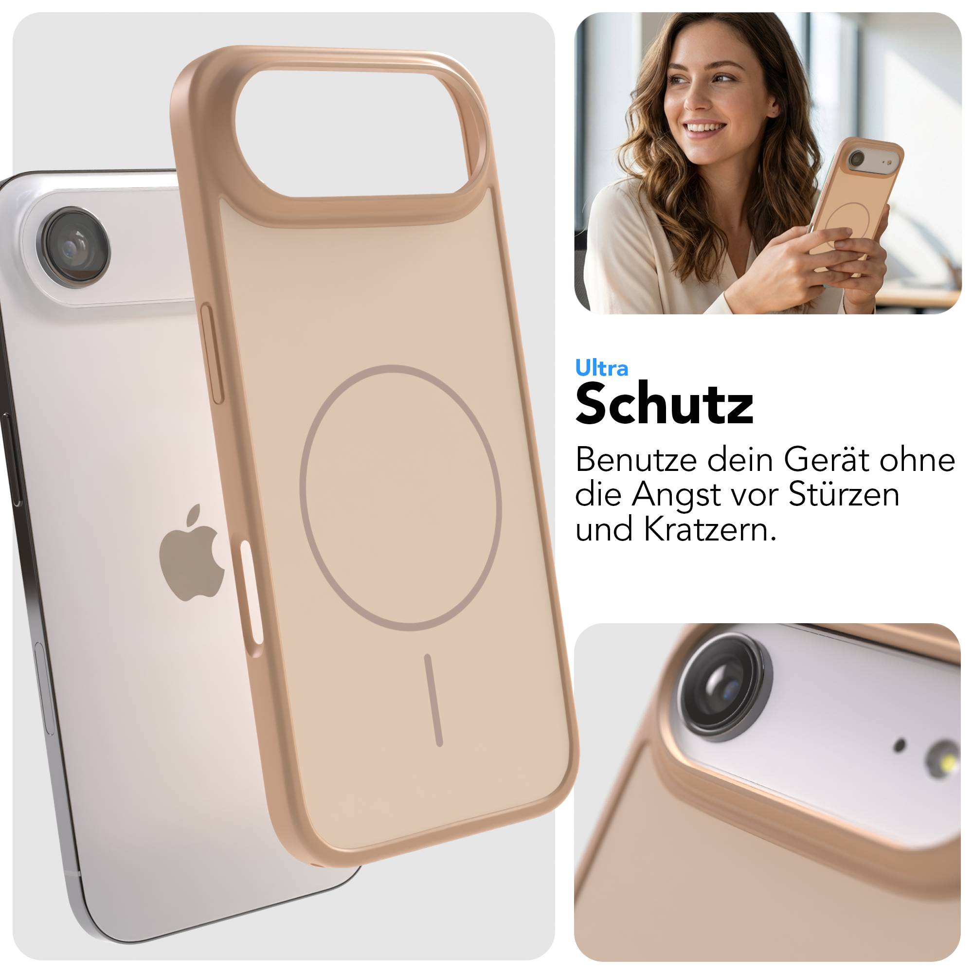 Ein iPhone mit goldener Hülle, das von einer lächelnden Frau gehalten wird.