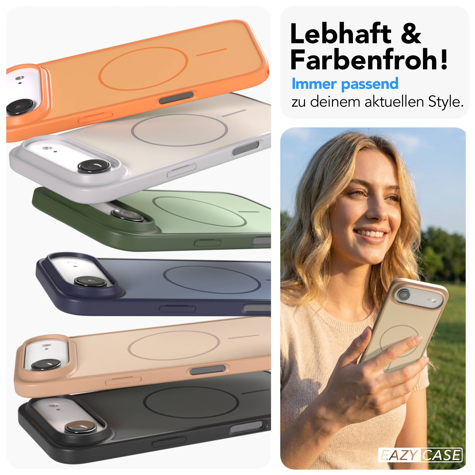 Fünf bunte Handyhüllen und eine lächelnde Frau mit einem Handy.