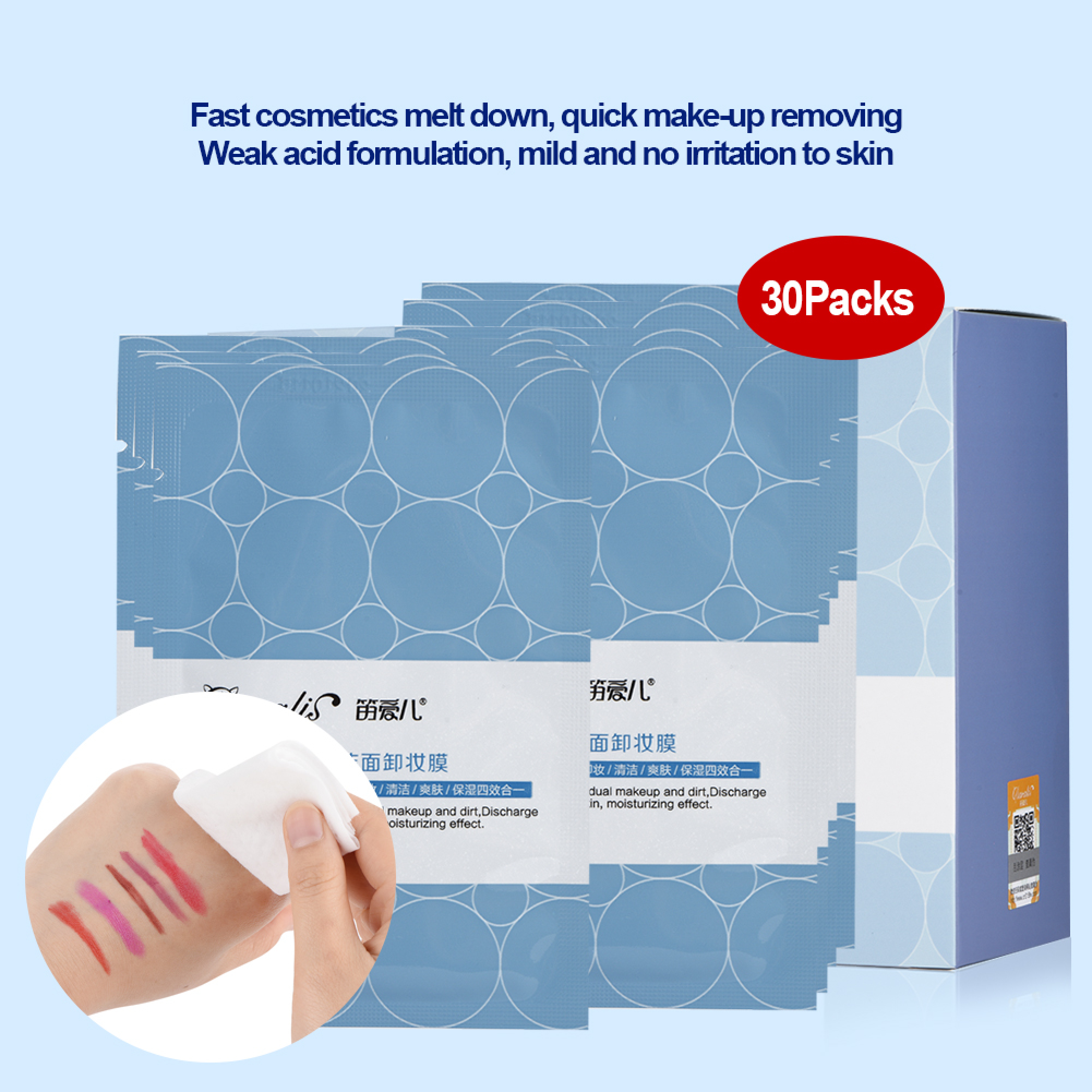 Eine Hand wischt mit einem Wattepad Lippenstift von der Haut ab. Mehrere Packungen sind im Hintergrund.