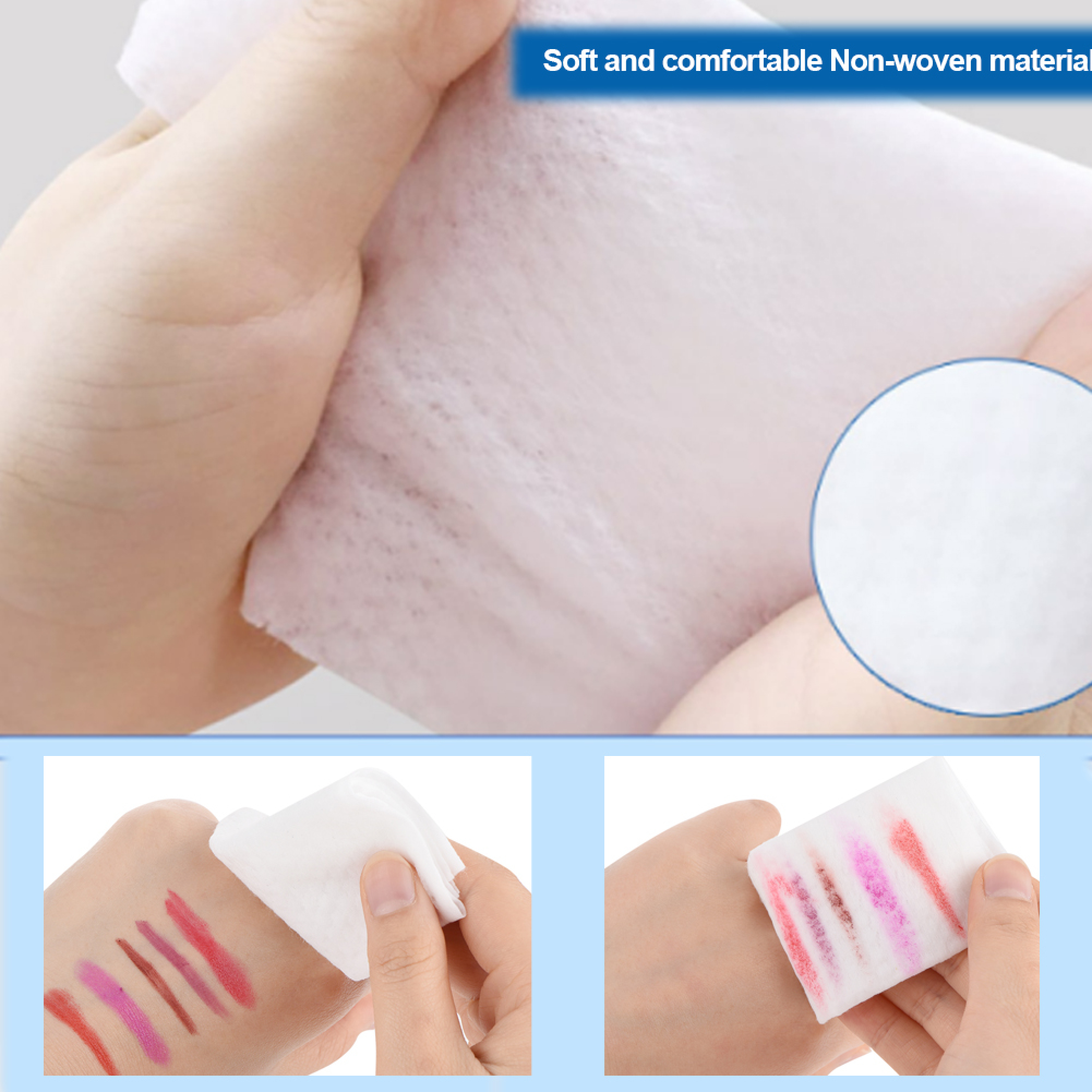 Eine Hand hält ein weiches Vliesmaterial und zeigt Make-up-Flecken auf einer Haut.