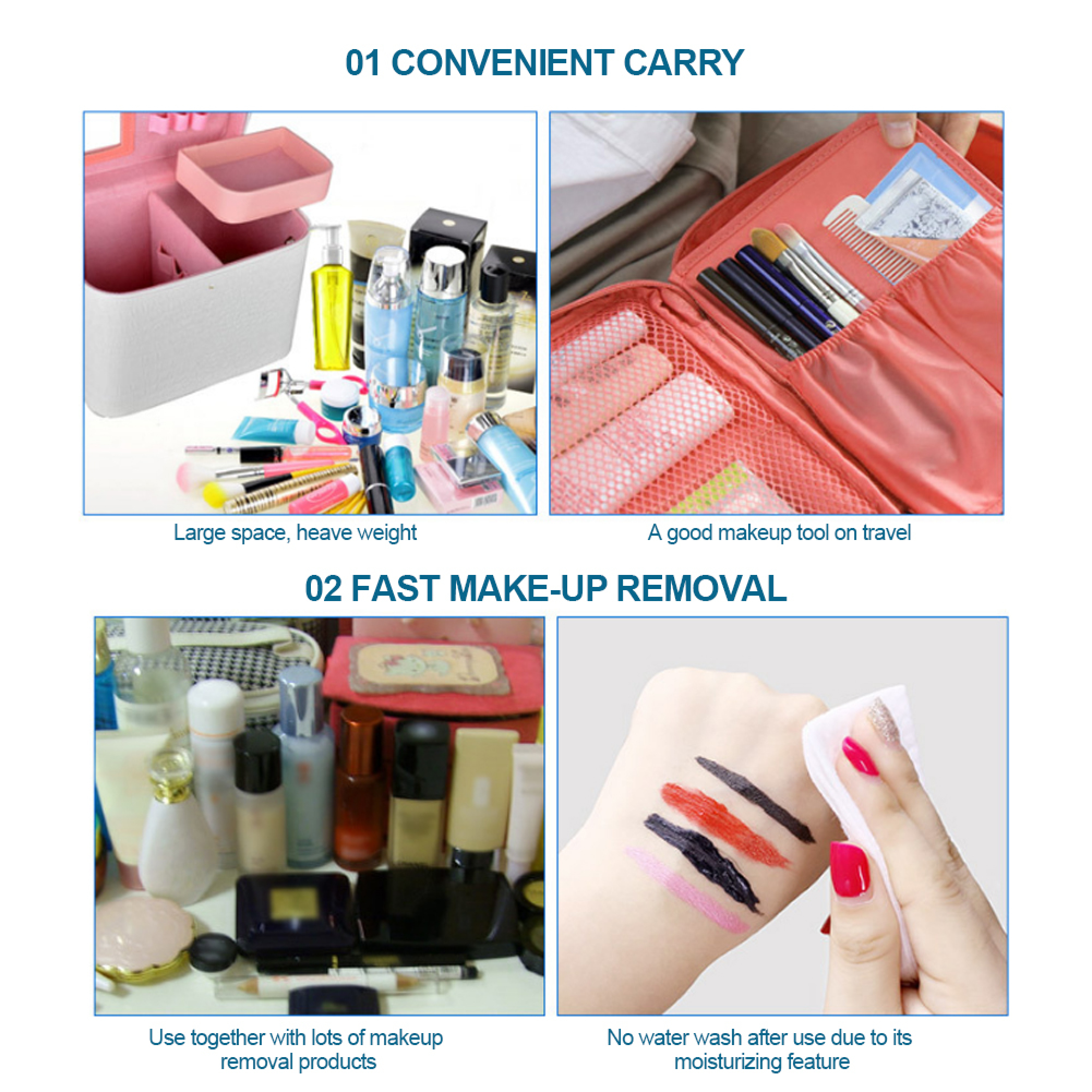 Kosmetiktasche mit Fächern und Bürsten, Make-up-Flaschen, Hand mit Make-up-Streifen.