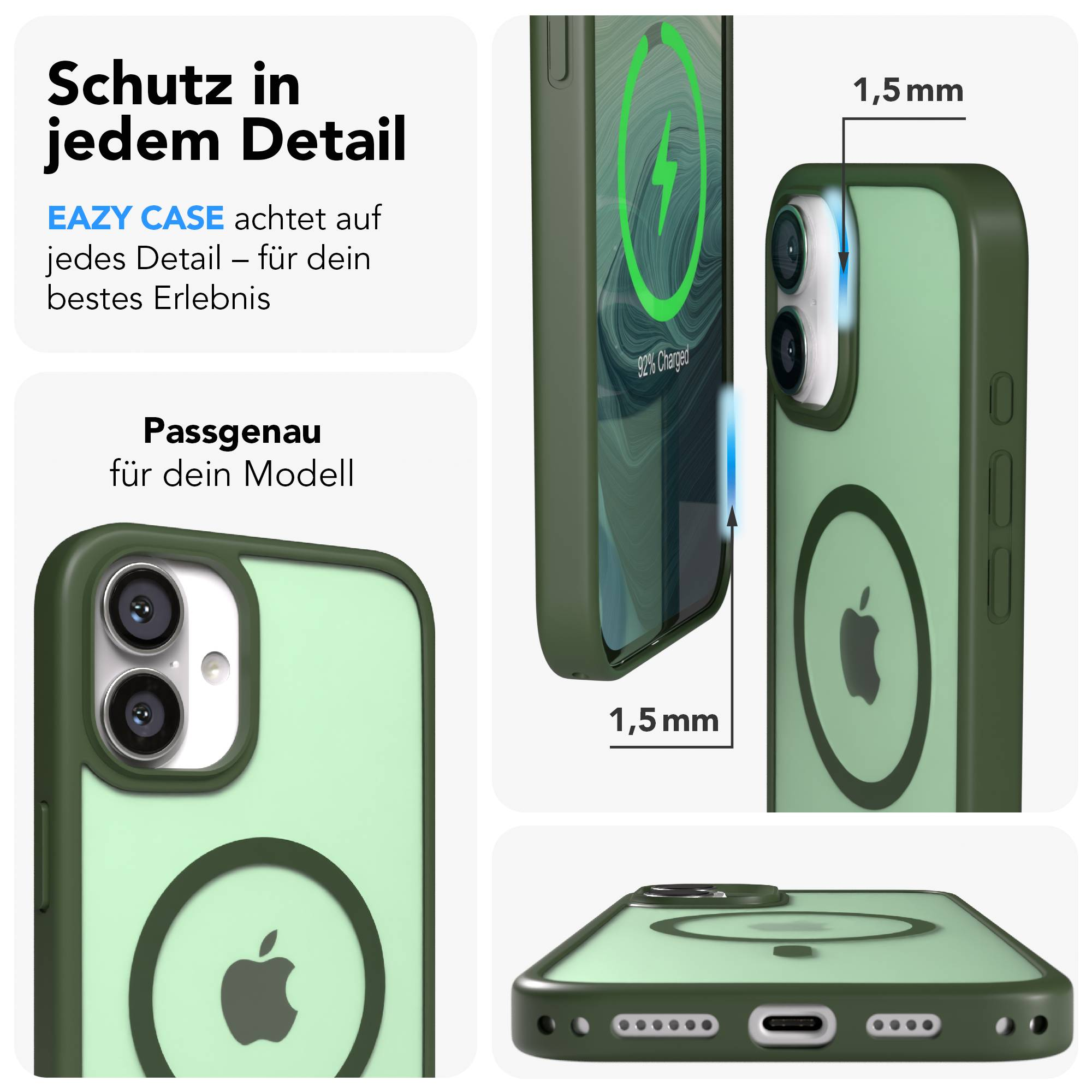 Grüne Handyhülle mit Apple-Logo, lädt Qi, 1,5 mm Rand.