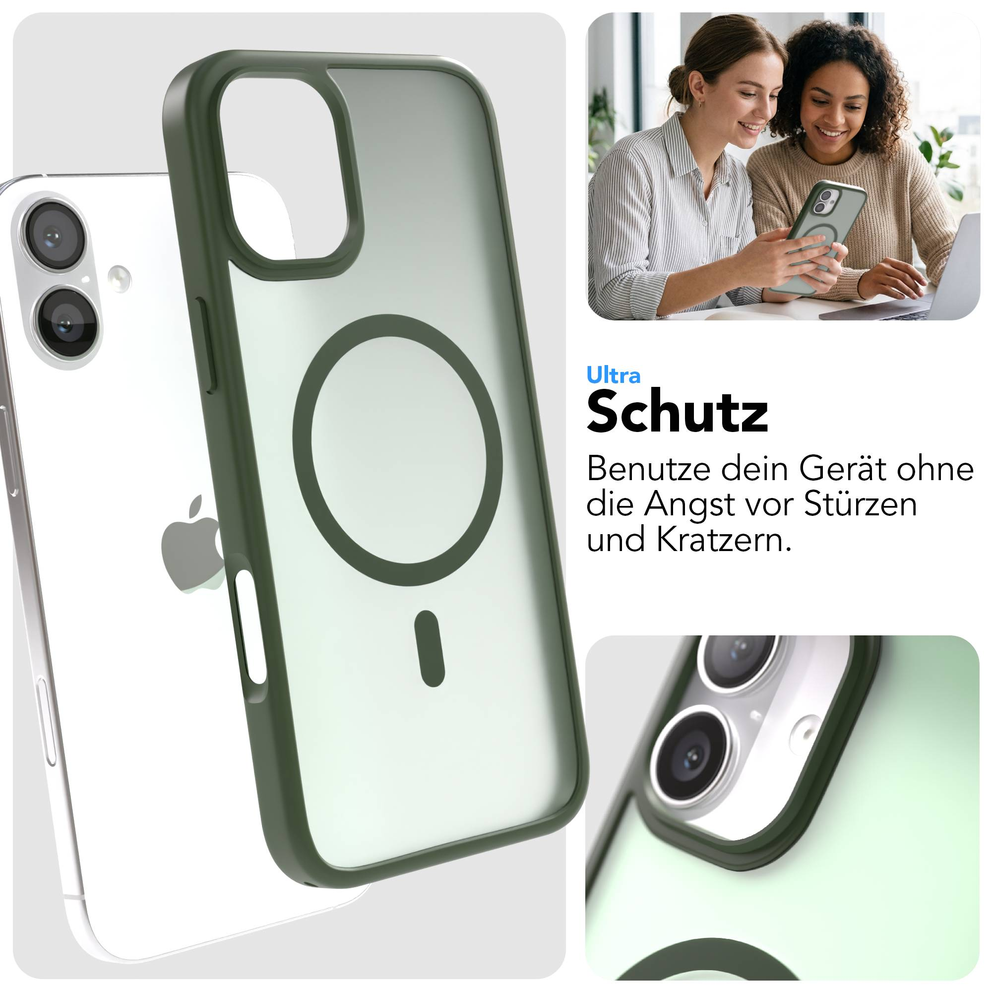 Transparente Hülle mit dunkelgrünem Rand für ein iPhone, zeigt die Rückseite.