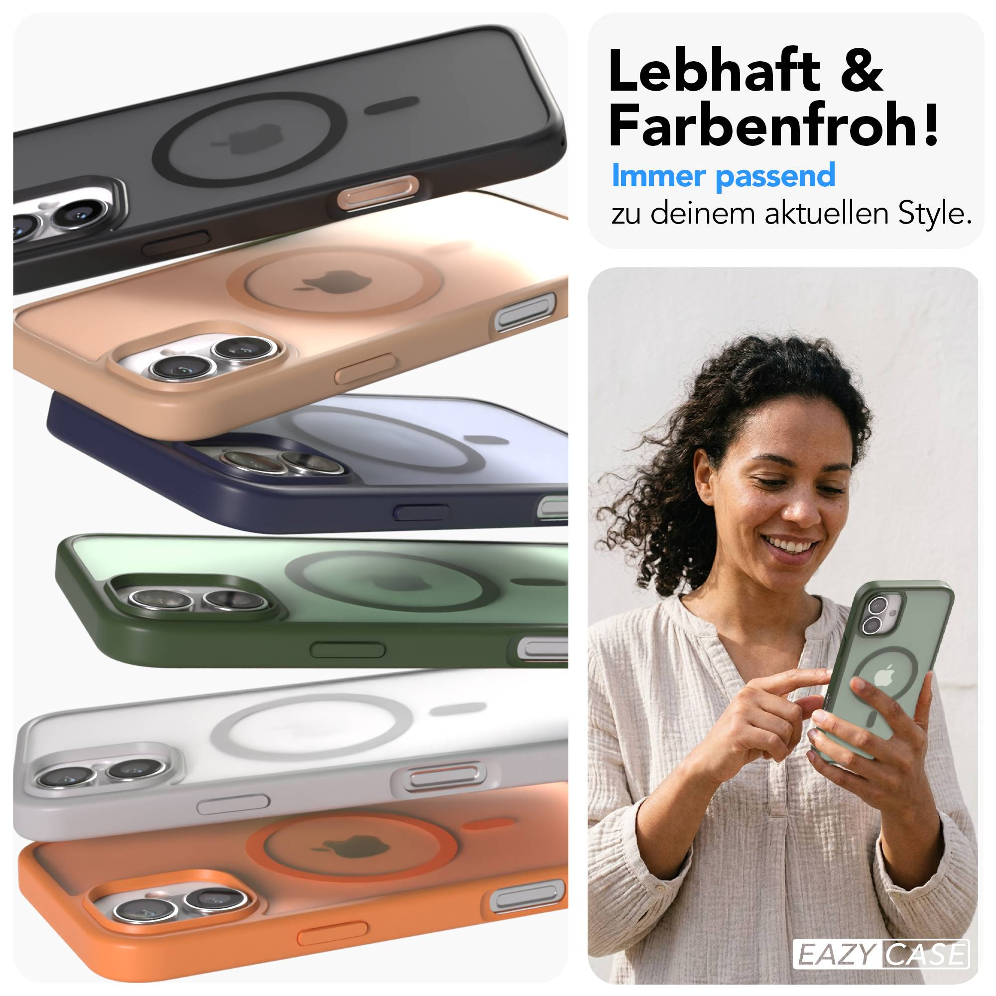 Mehrere bunte Handyhüllen und eine Frau mit einem grünen Handy.