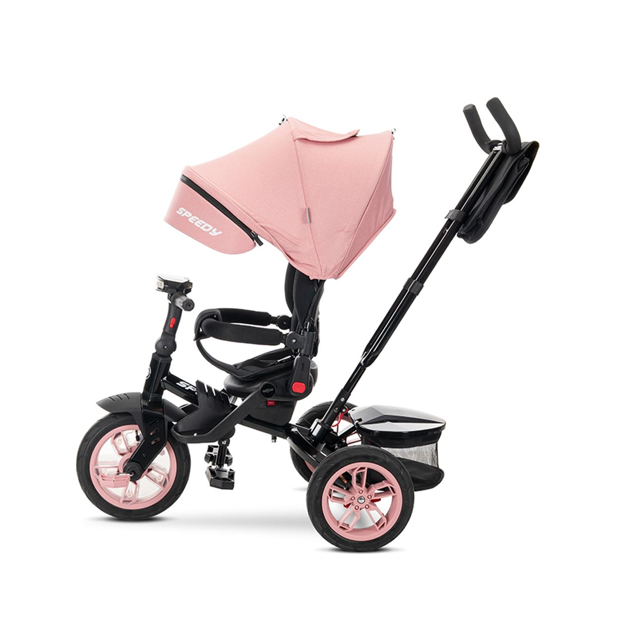 Ein rosafarbener Kinderdreirad mit schwarzem Rahmen und Verdeck.