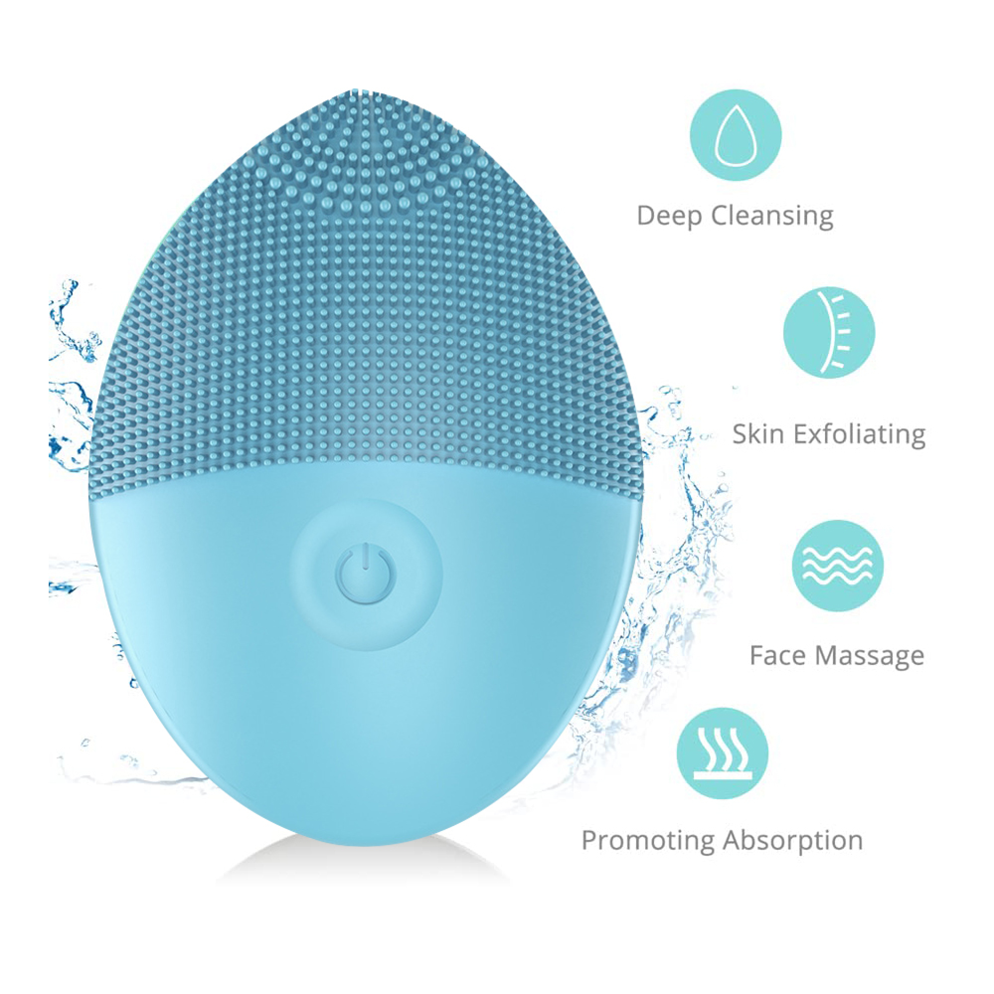 Ein blaues Silikon-Gesichtsreinigungswerkzeug mit einem Power-Button und Wasserspritzern.