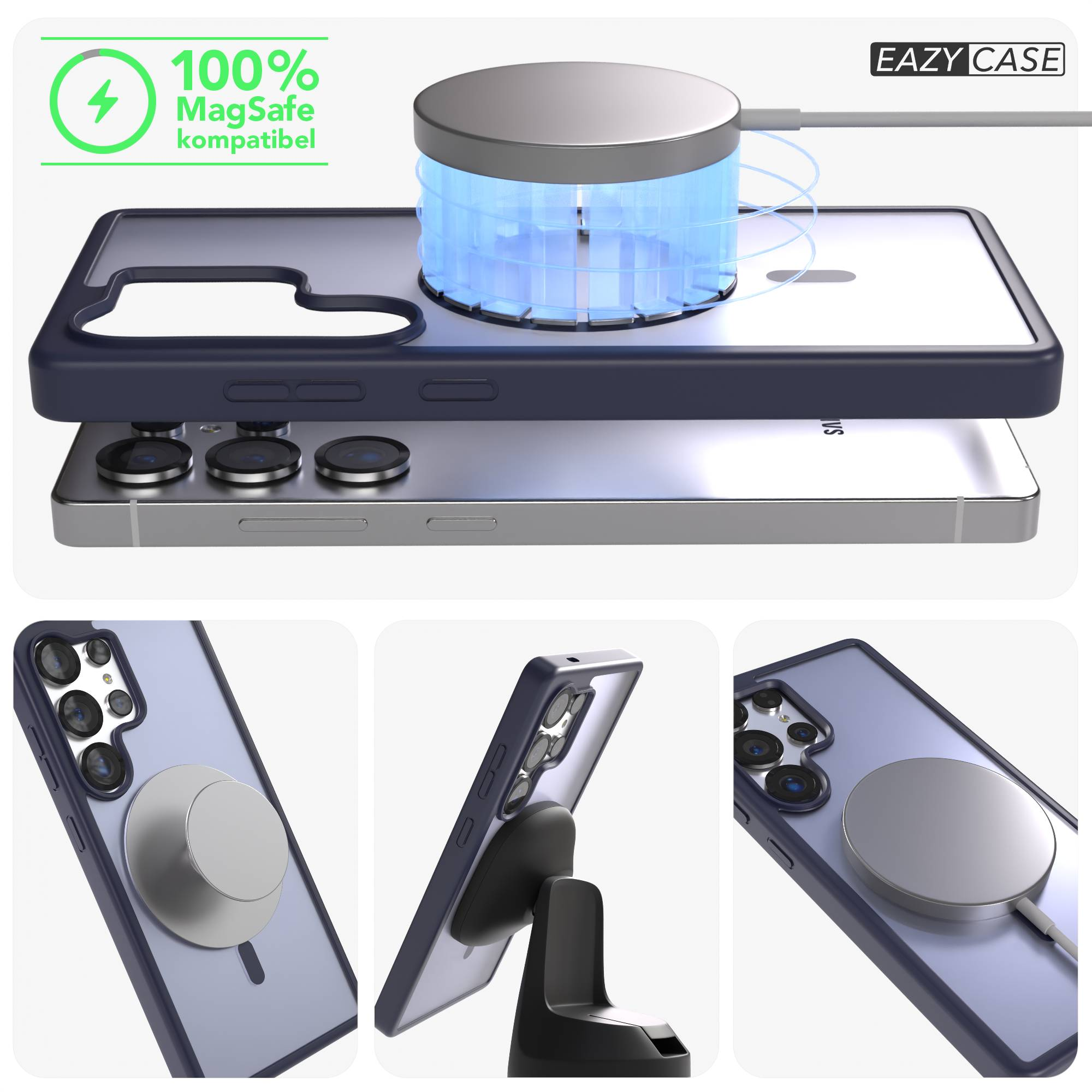 MagSafe-kompatibles Handy mit blauem Case und Ladegerät.