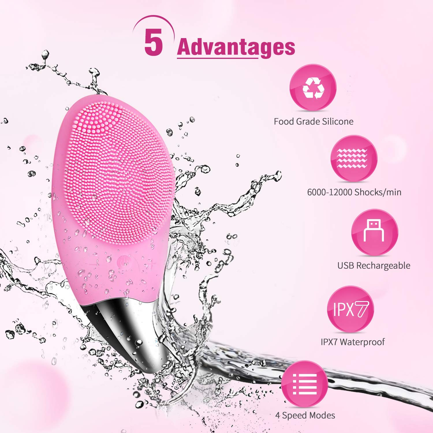 Ein rosa Gesichtsreinigungsgerät mit silbernem Griff, umgeben von Wasserspritzern.