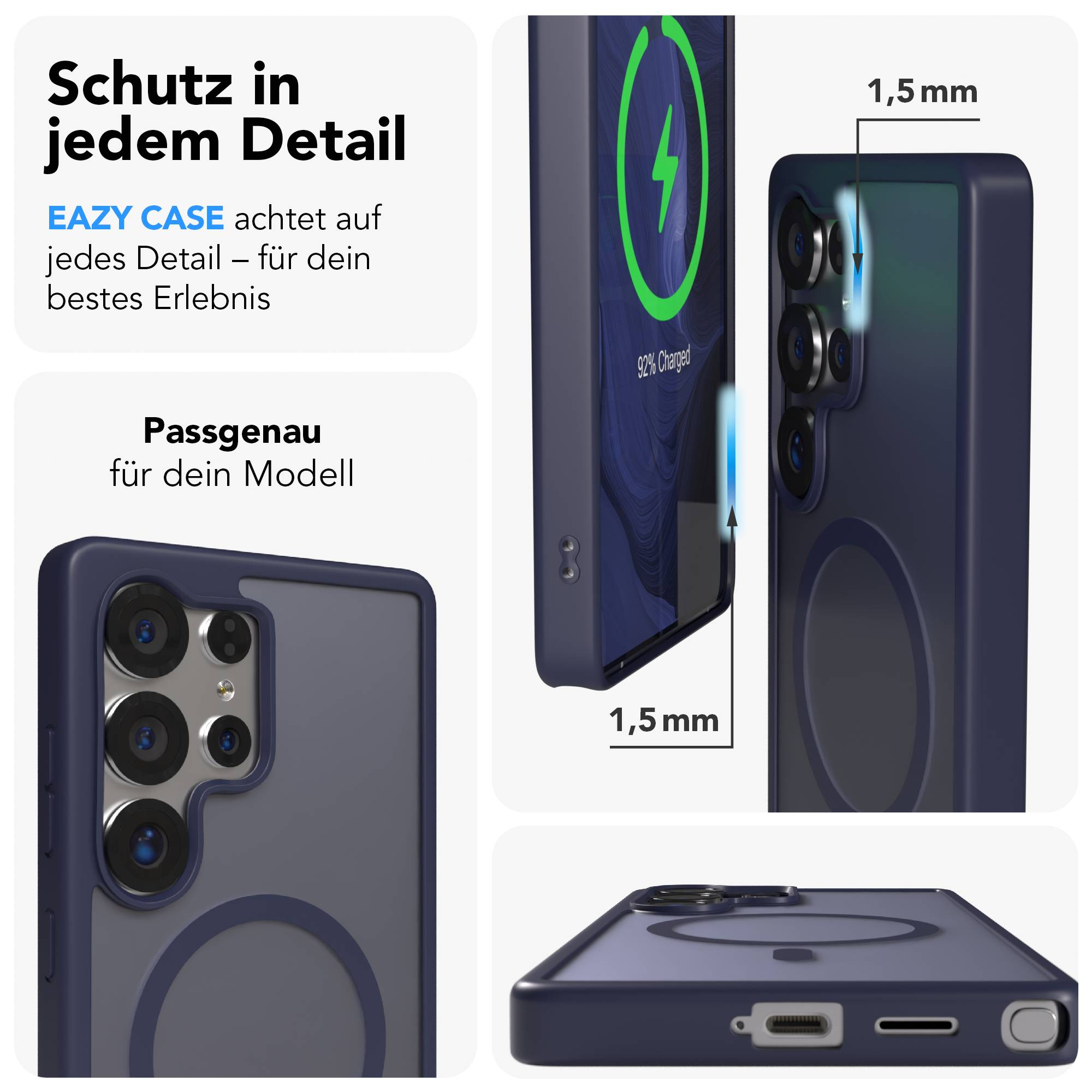 Dunkelblaue Handyhülle mit Kameraöffnung und Ladeanzeige.