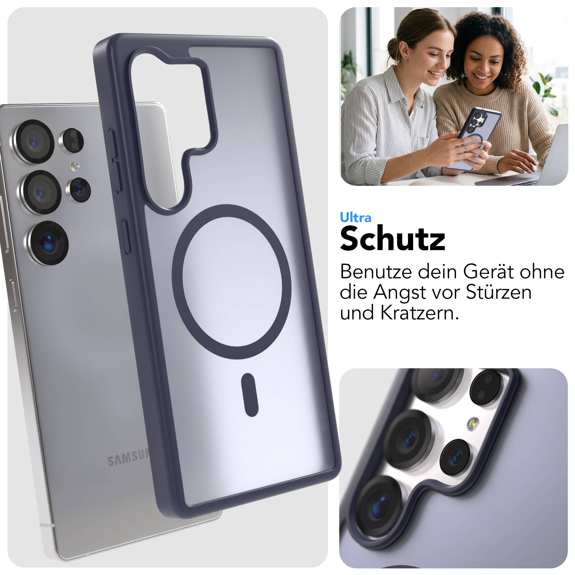 Ein Smartphone mit einer Hülle und zwei Frauen, die ein Handy betrachten.