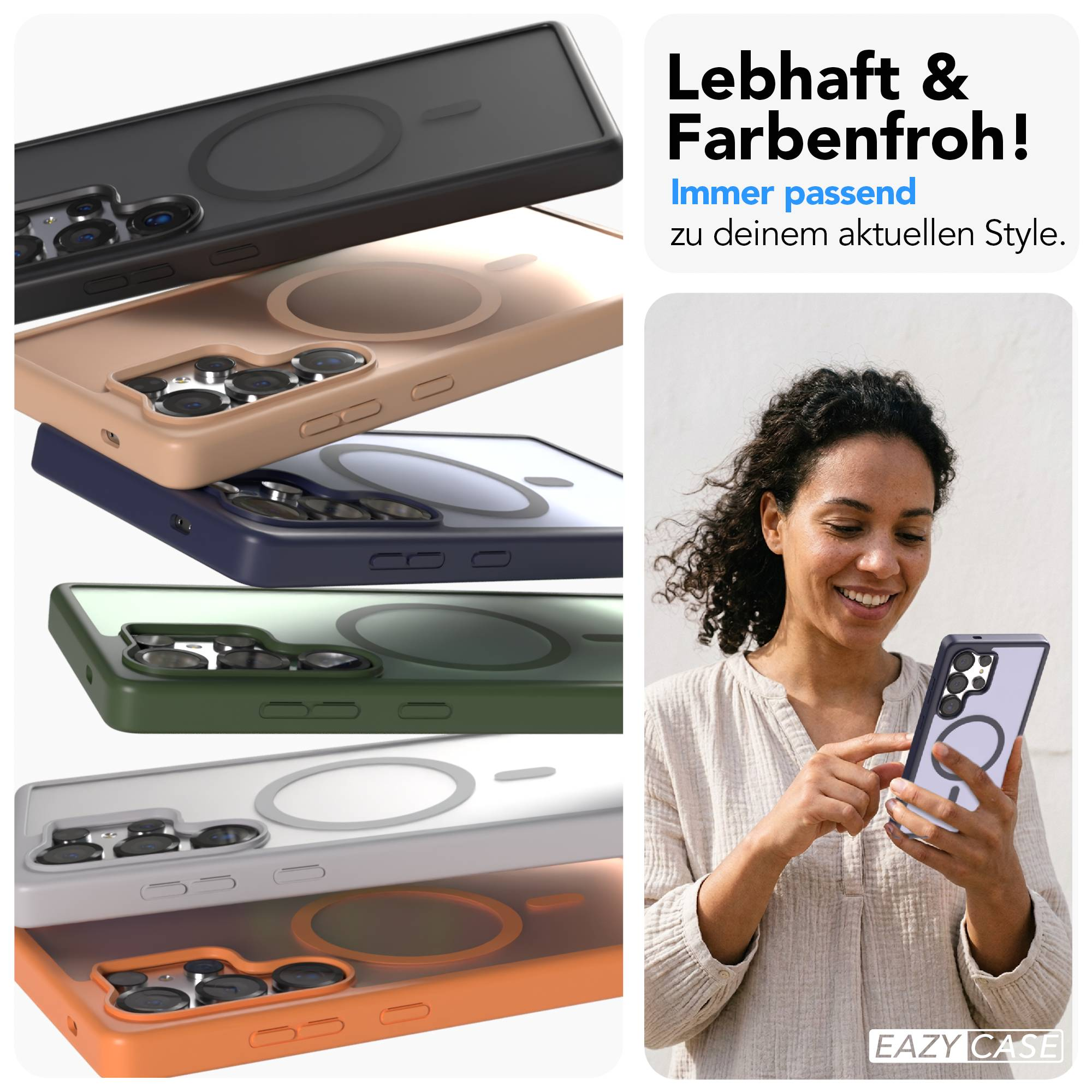 Mehrere bunte Handyhüllen und eine Frau mit einem Handy.