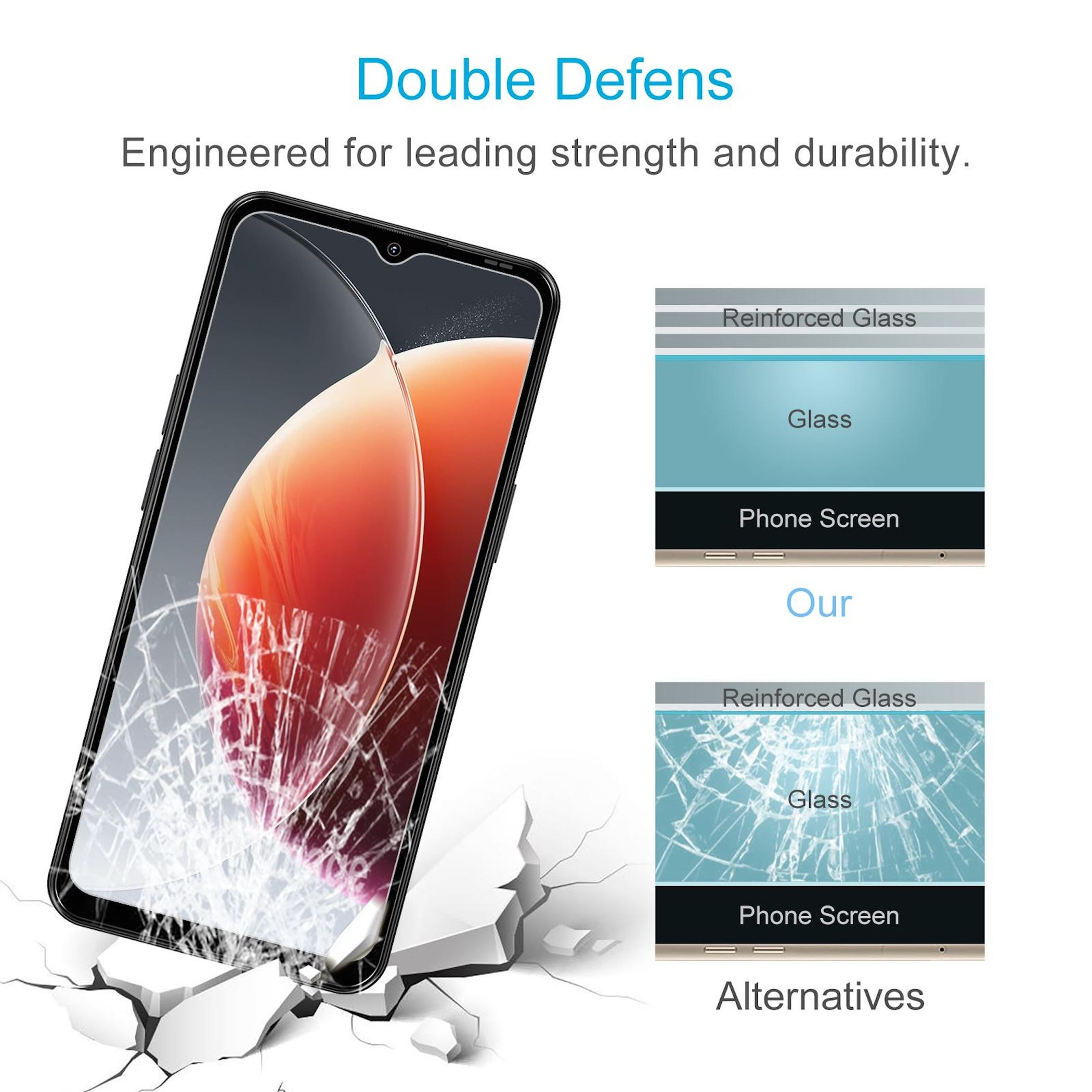 Ein zerbrochenes Smartphone mit einer Displayschutzfolie, die auf die Haltbarkeit hinweist.