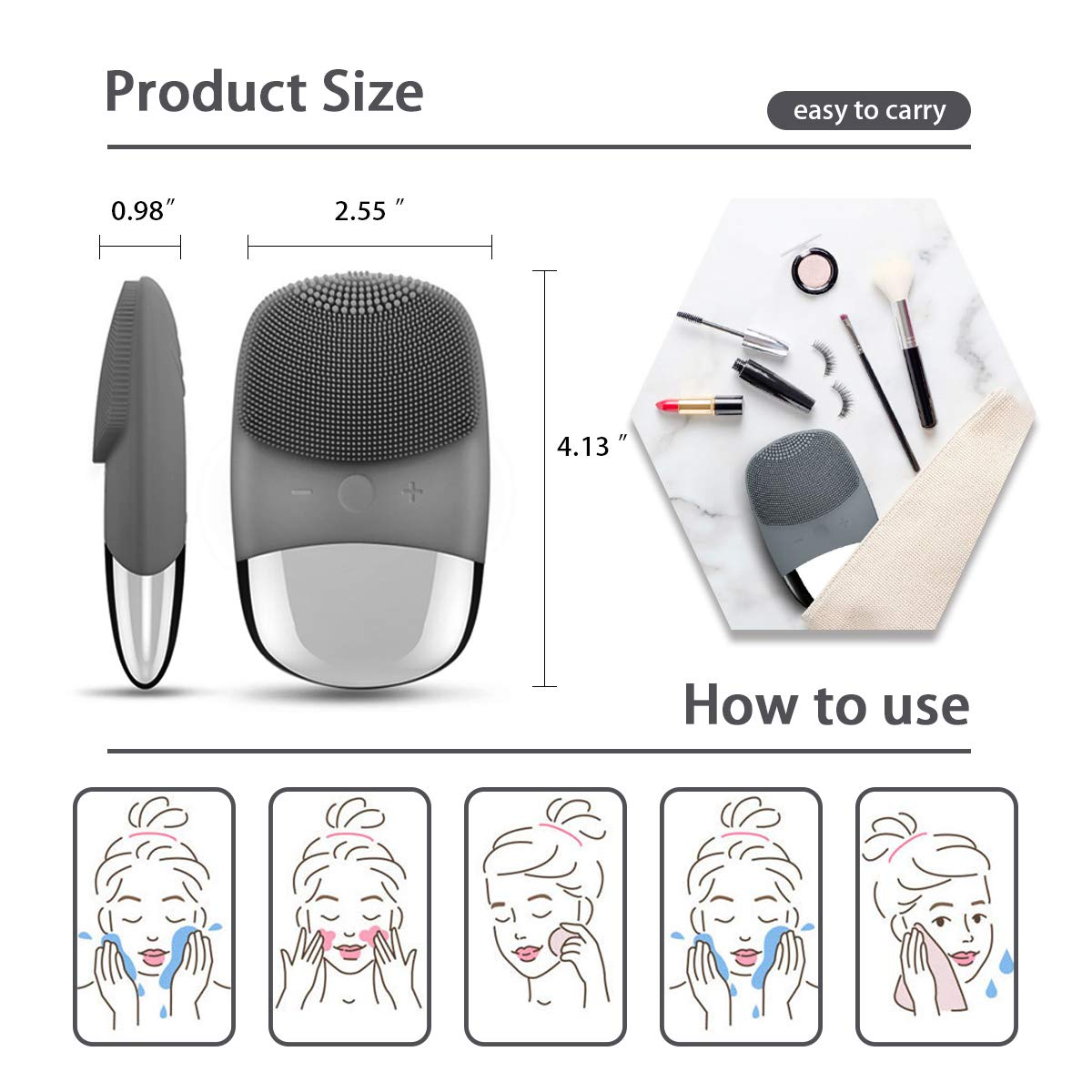 Größenangaben und Anwendungsschritte für ein Hautpflegegerät mit Make-up.