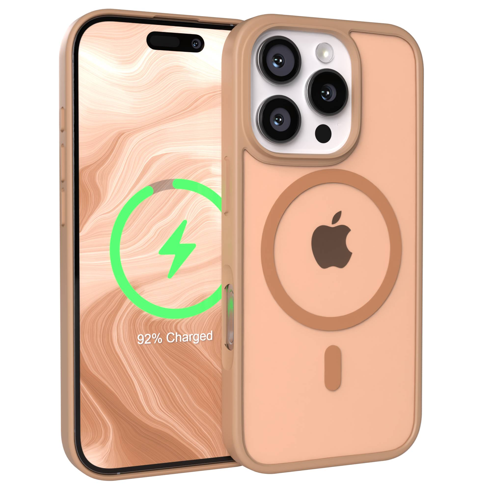 Ein hellbraunes iPhone-Gehäuse mit Apple-Logo und MagSafe-Ring neben einem iPhone mit 92% Ladung.