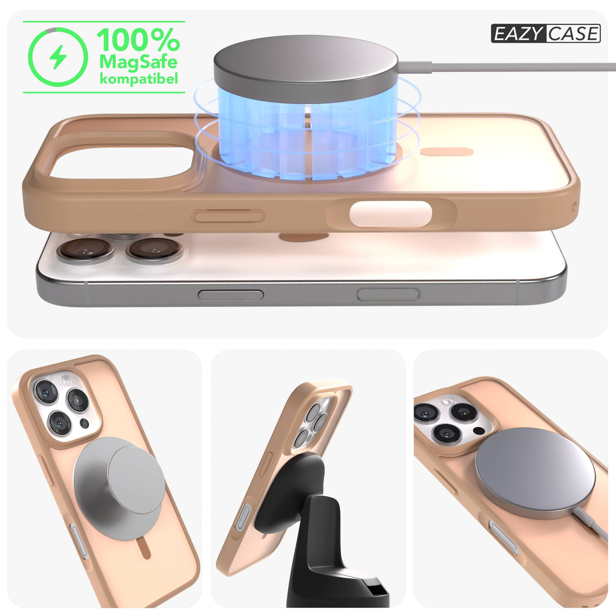 Ein Handy mit braunem MagSafe-kompatiblem Gehäuse wird kabellos geladen.