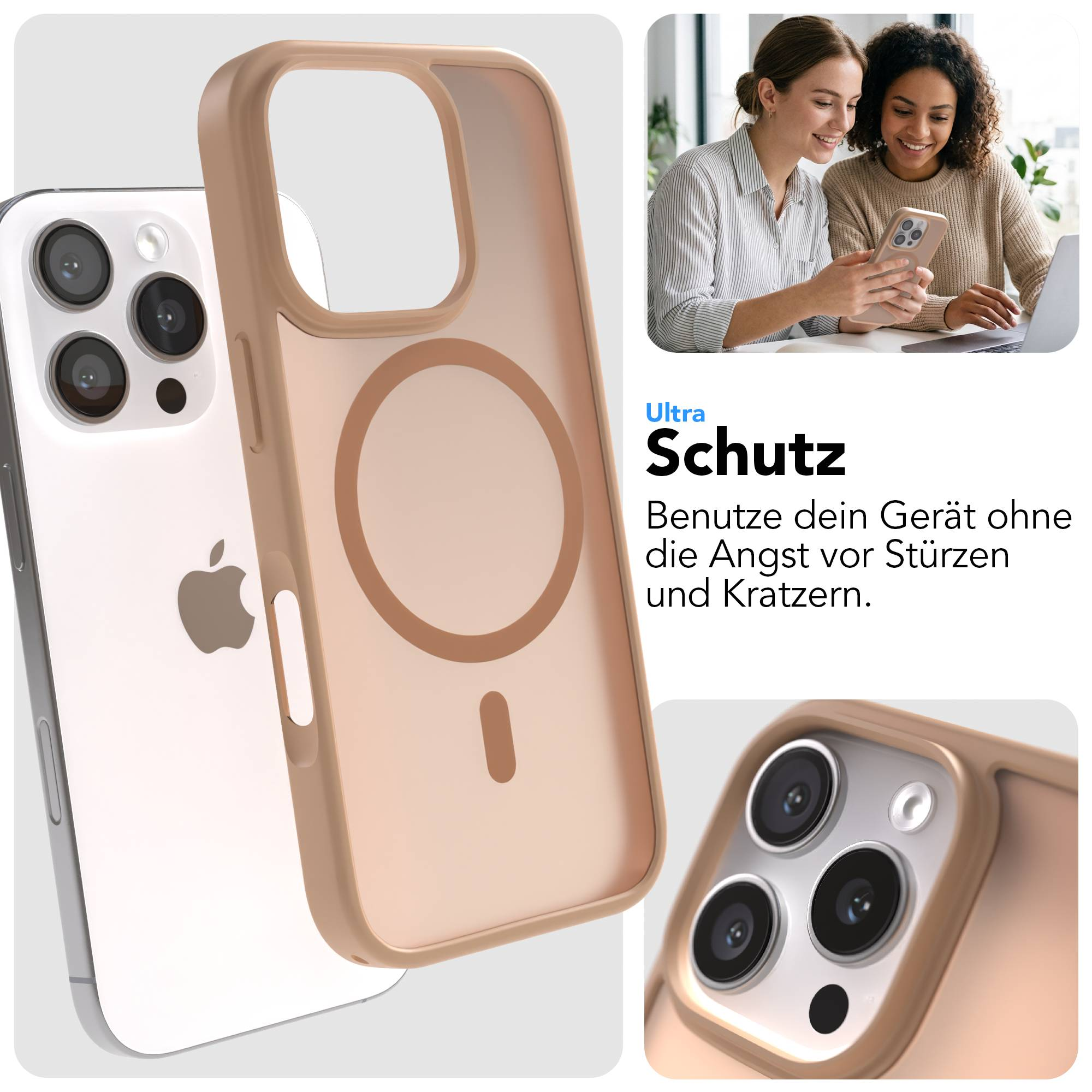 iPhone Hülle mit MagSafe und zwei Frauen, die auf ein Handy schauen.