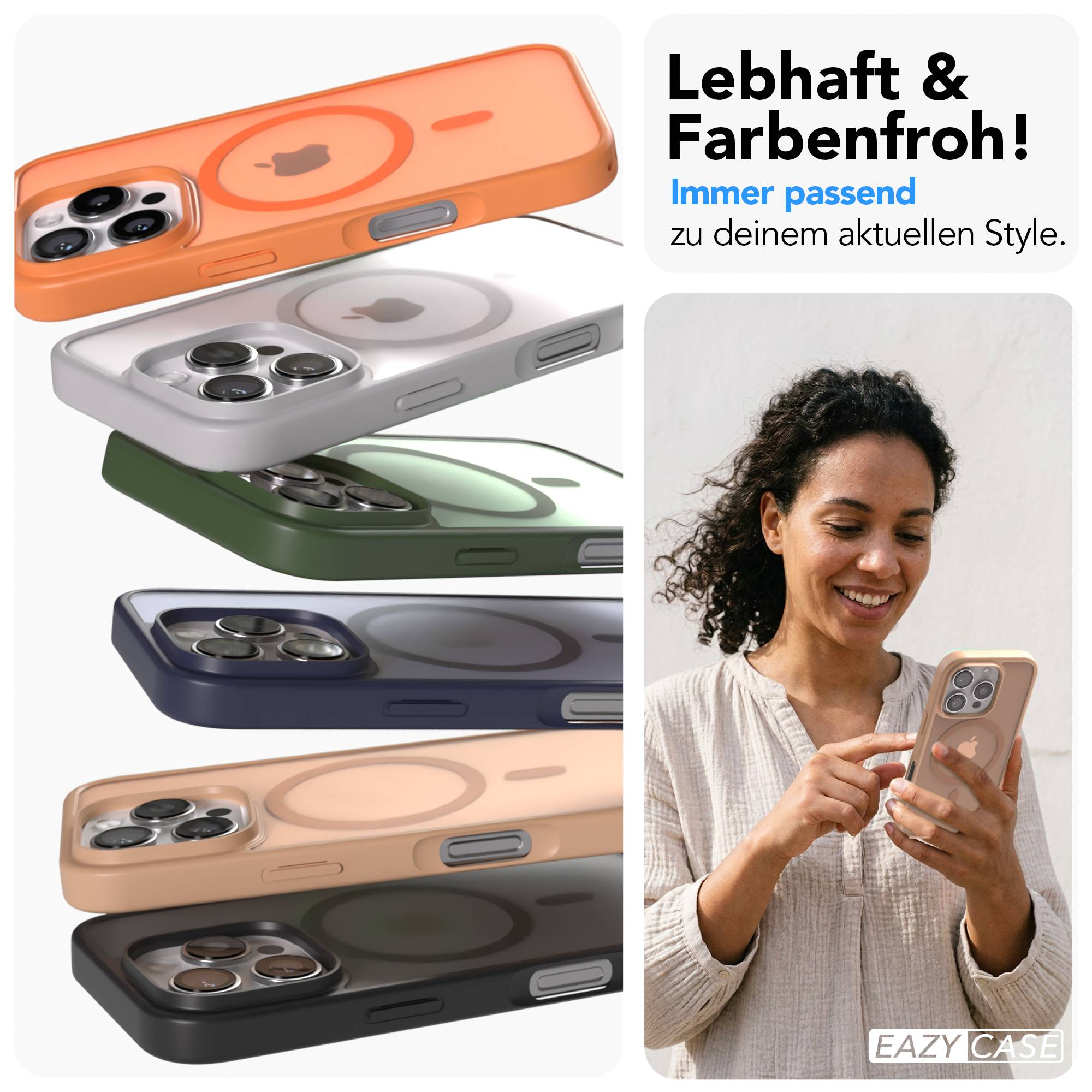Fünf iPhone-Hüllen in verschiedenen Farben, eine Frau hält ein Handy.