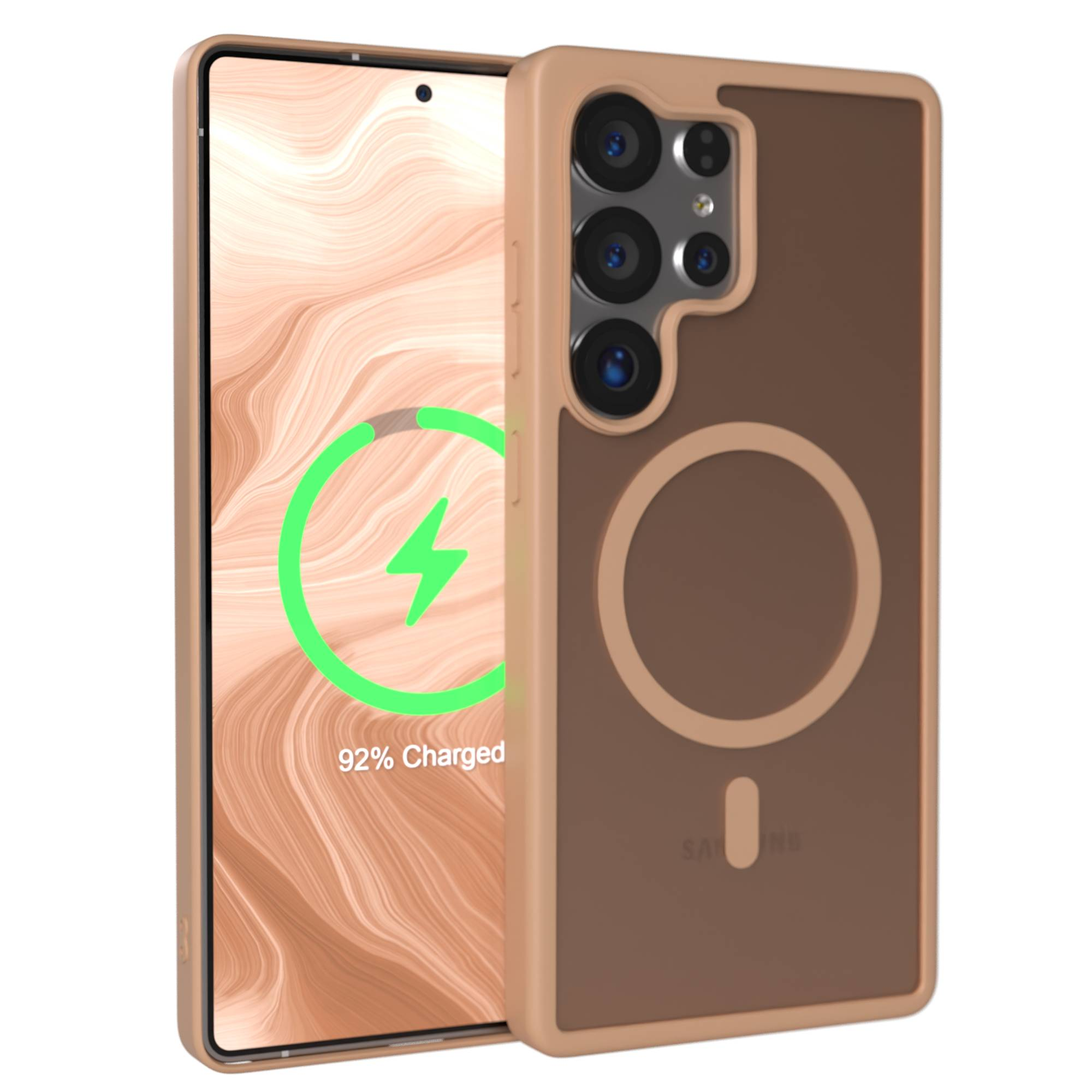 Ein braunes Handycase mit einem transparenten Einsatz, das eine Kamera und ein Logo zeigt.