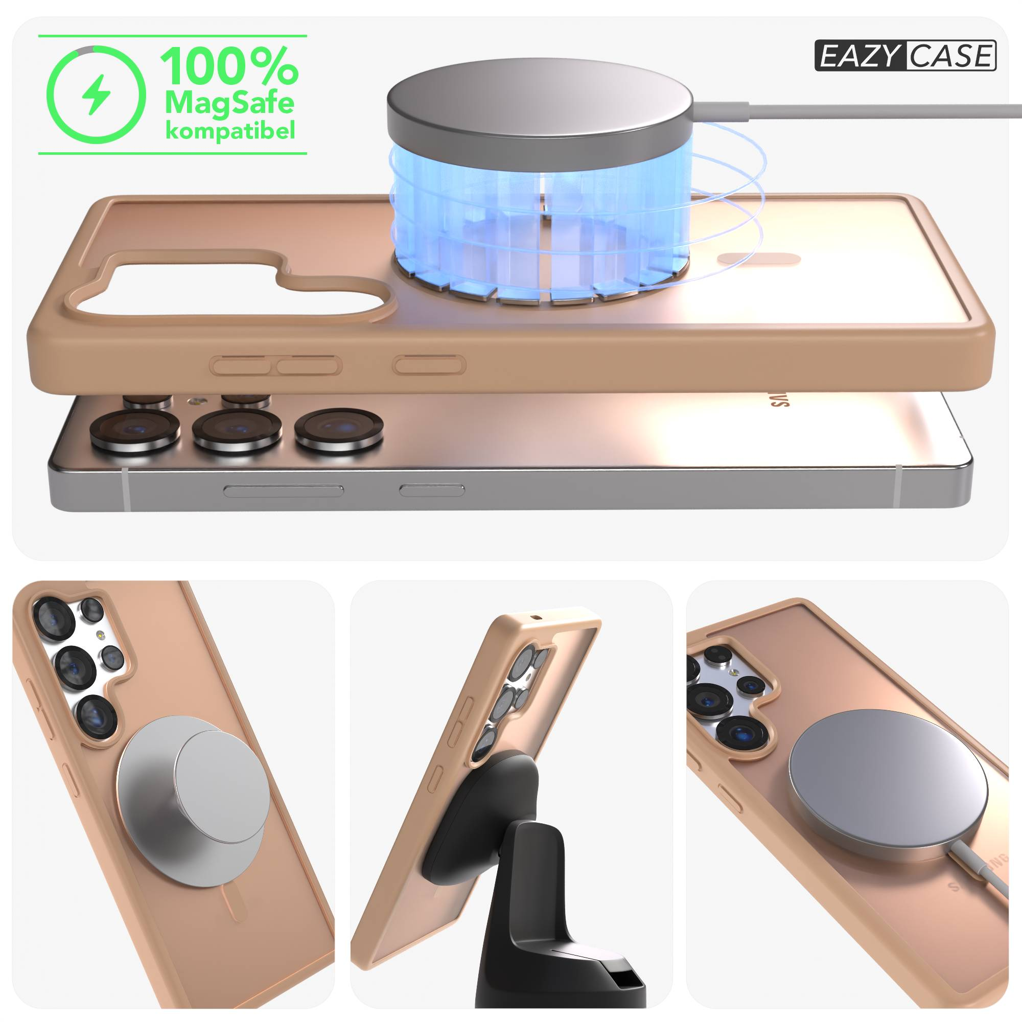 Ein bronzefarbenes Handy mit MagSafe-Ladegerät und durchsichtigem Gehäuse.