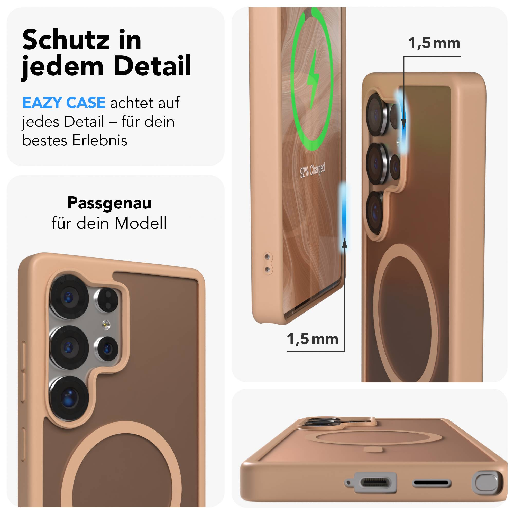 Eine Handyhülle wird gezeigt, mit Fokus auf Details und Passform.