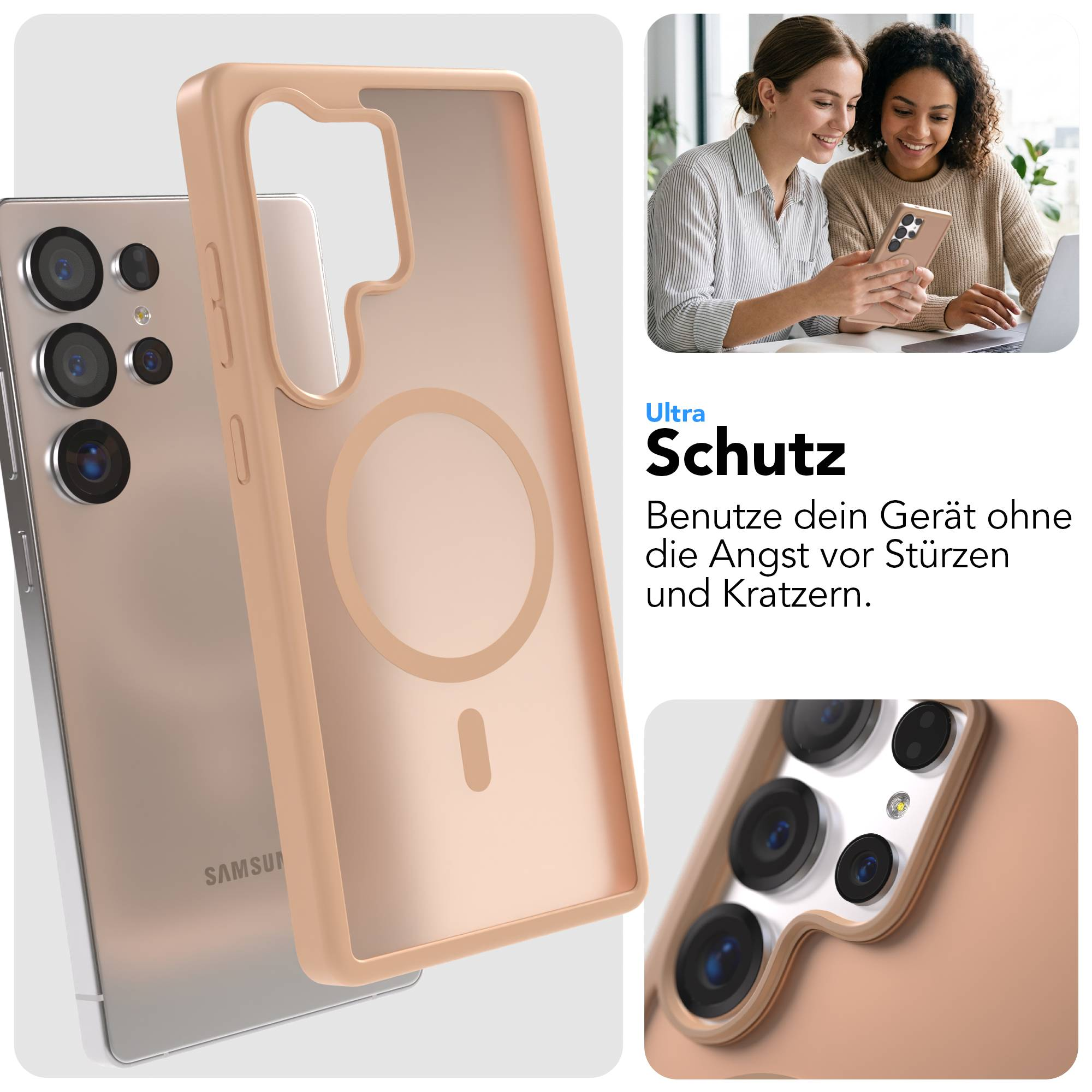 Ein silbernes Smartphone mit einer rosafarbenen Schutzhülle. Nahaufnahme der Kamera.