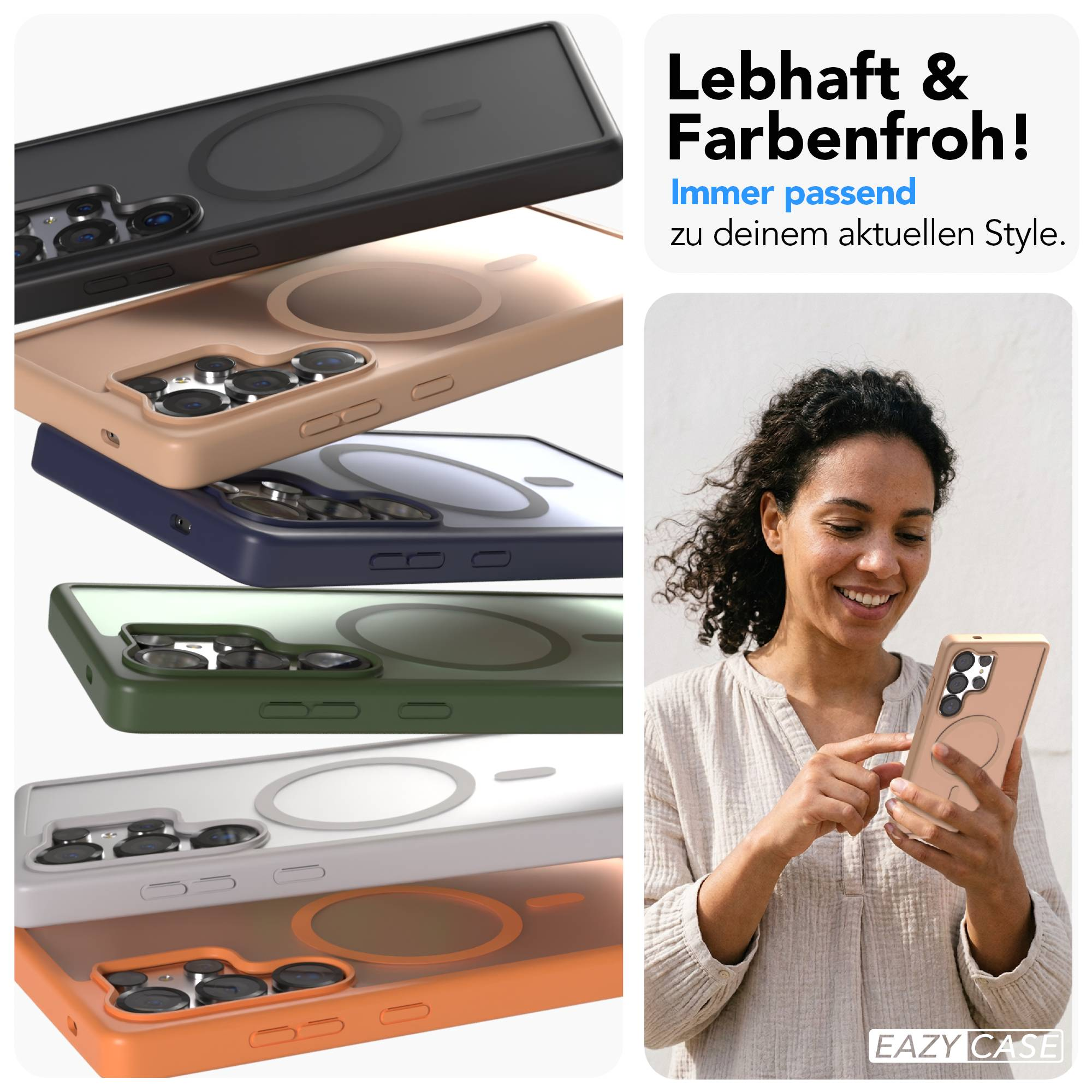 Mehrere Handyhüllen in verschiedenen Farben gestapelt, eine Frau hält ein Handy mit Hülle.