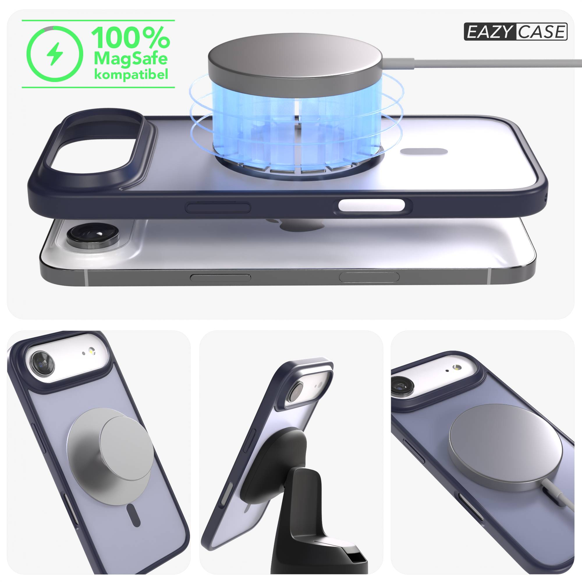 iPhone mit MagSafe Ladegerät, Hülle und Ständer.