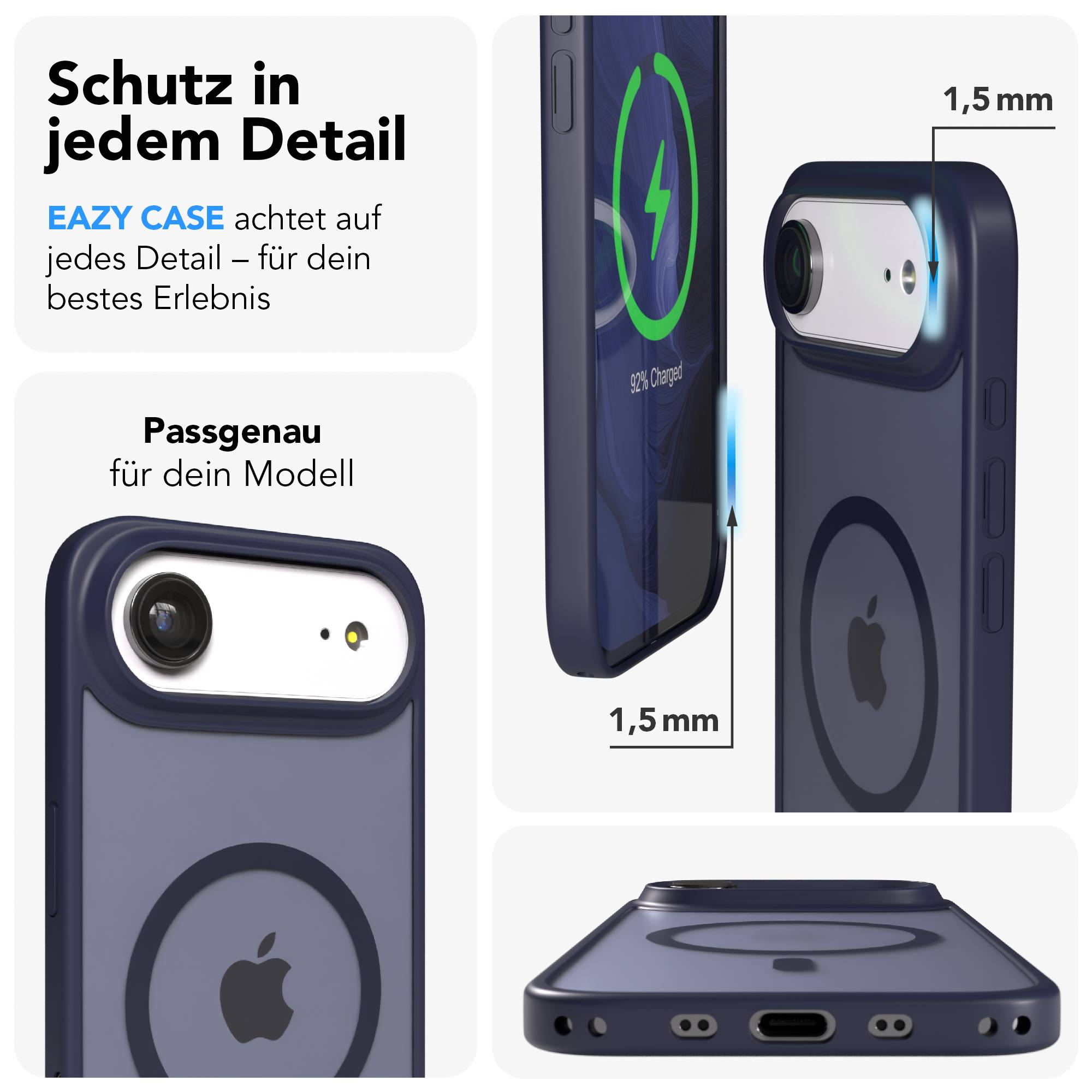 Dunkelblaue Handyhülle mit Apple-Logo, Kamera und Ladeanzeige.