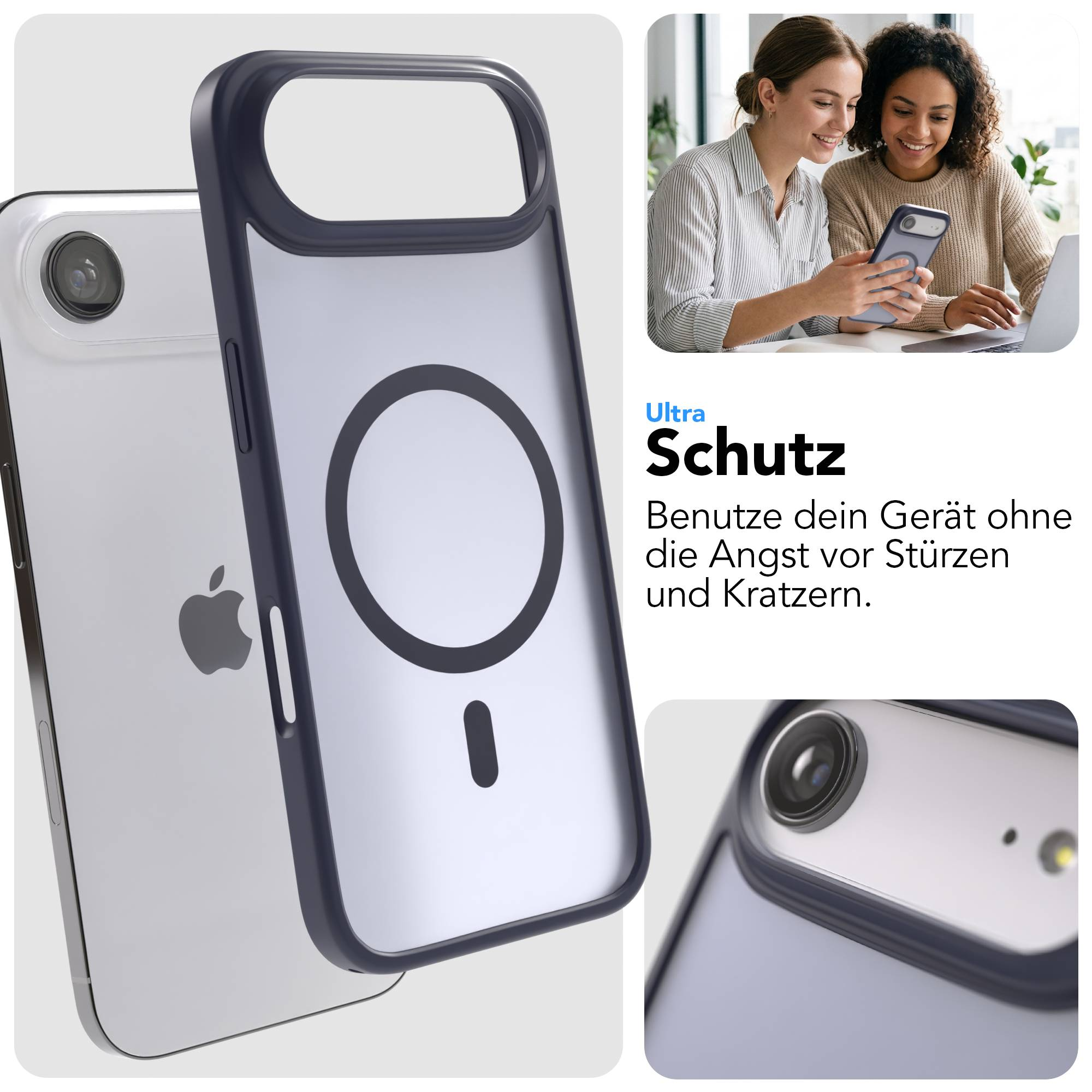 iPhone mit Schutzhülle im Detail, Frauen mit Handy und Laptop.