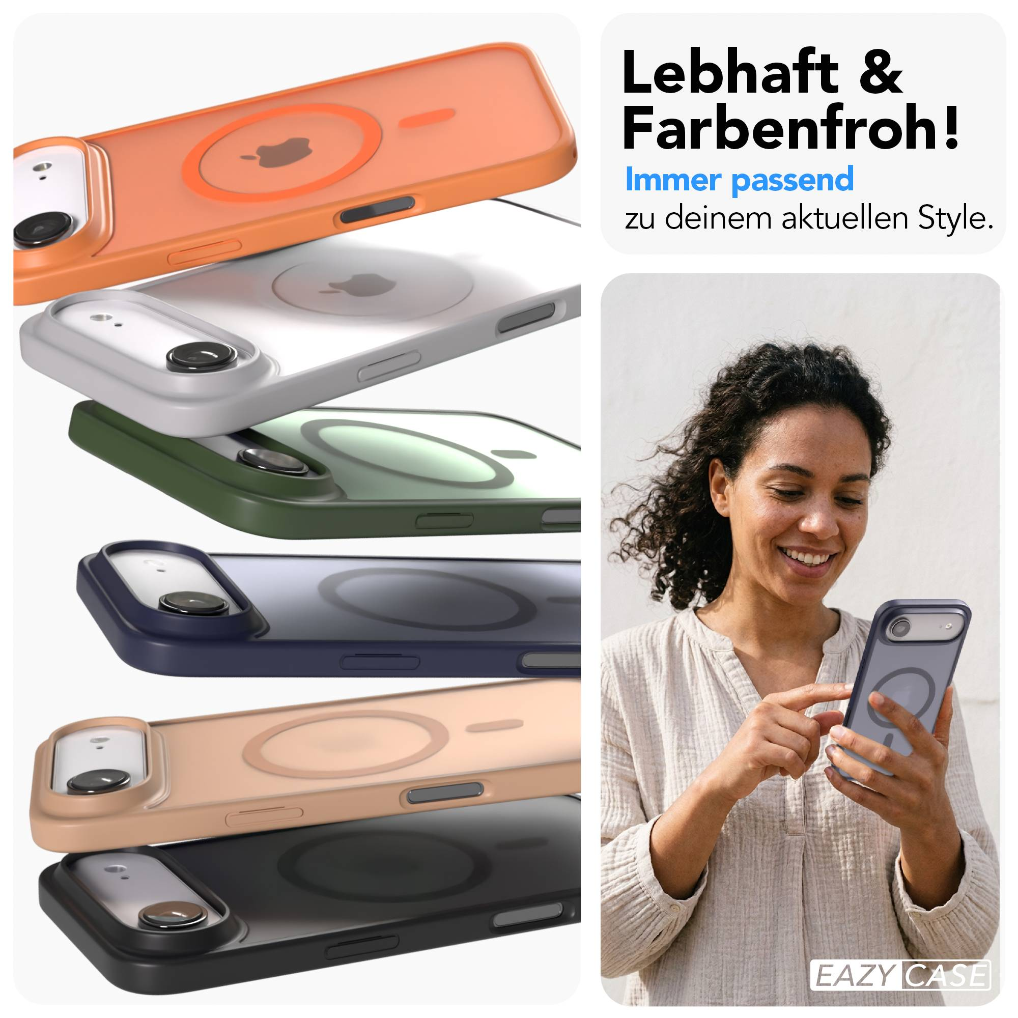 Mehrere bunte Handyhüllen mit MagSafe-Ring und eine Frau, die ein Handy hält.
