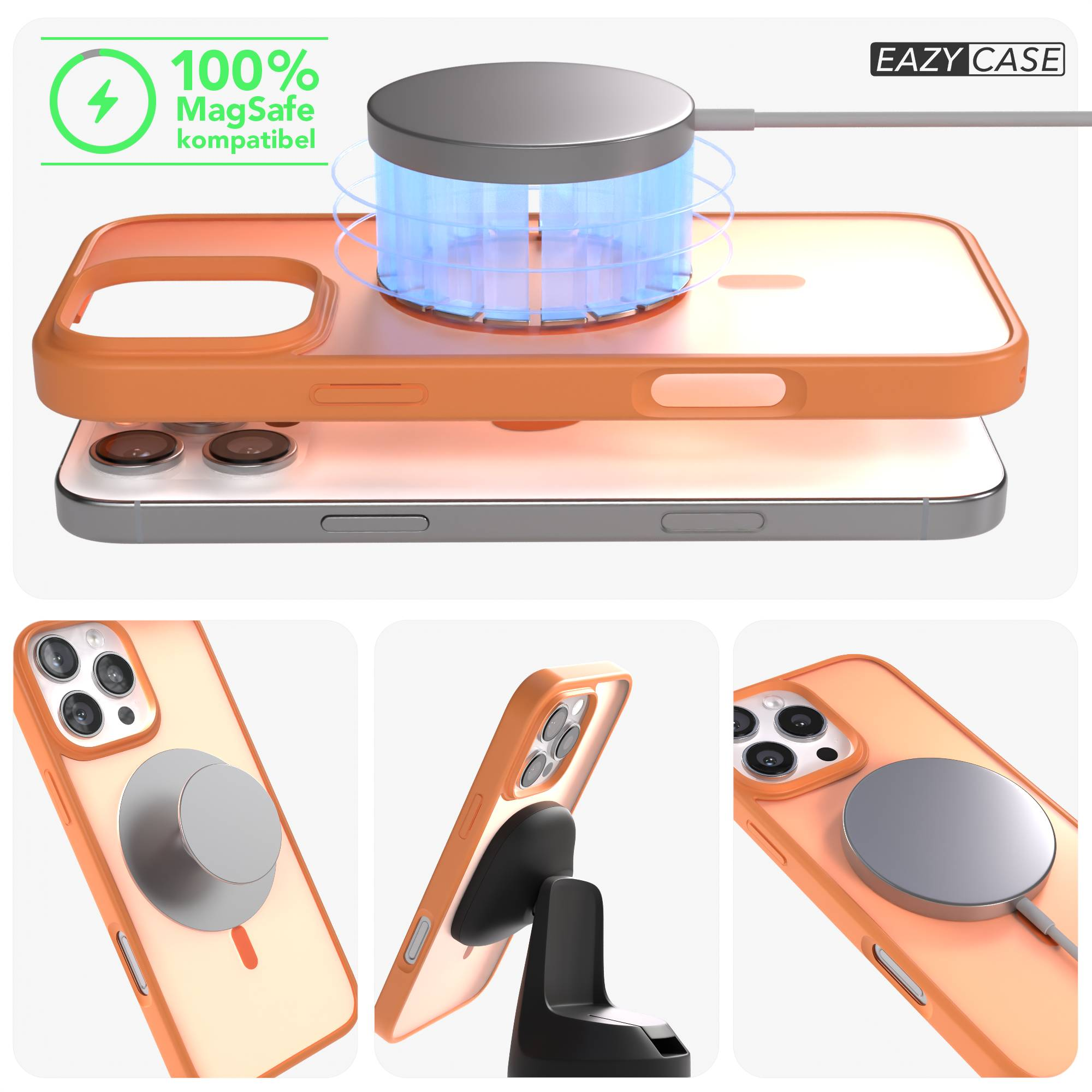 Ein orangefarbenes iPhone mit MagSafe-Ladegerät und Ständer.