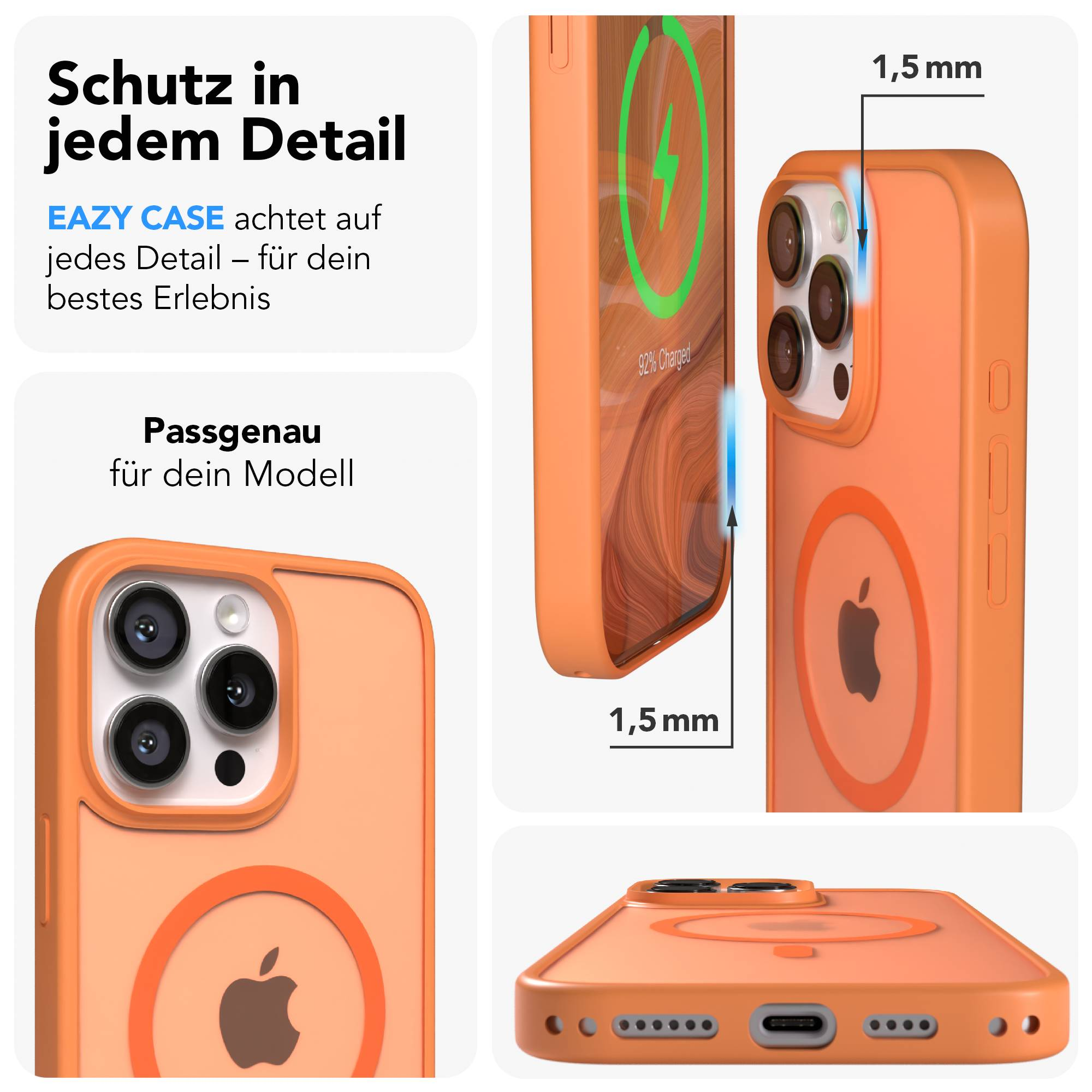 Orange Hülle mit Apple-Logo, gezeigt an einem iPhone mit Ladeanzeige.