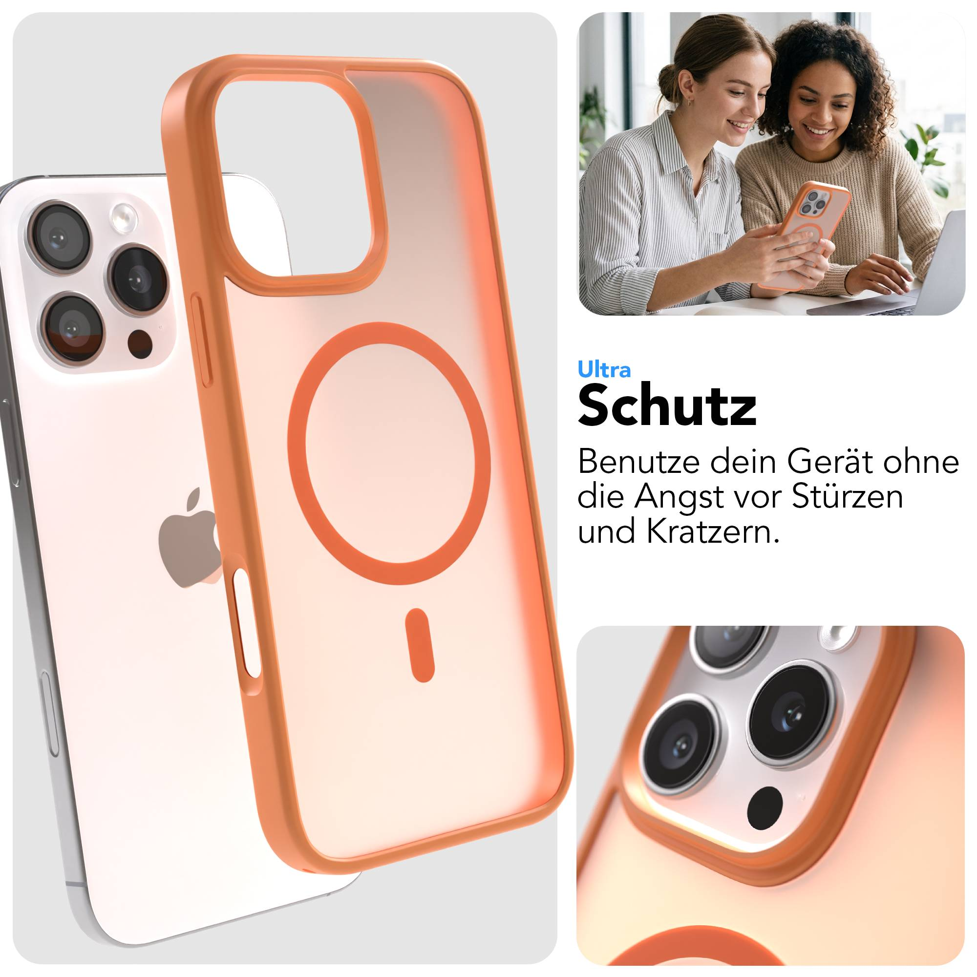 Orange Hülle für iPhone mit Kamera-Detail und zwei Frauen, die ein Handy benutzen.