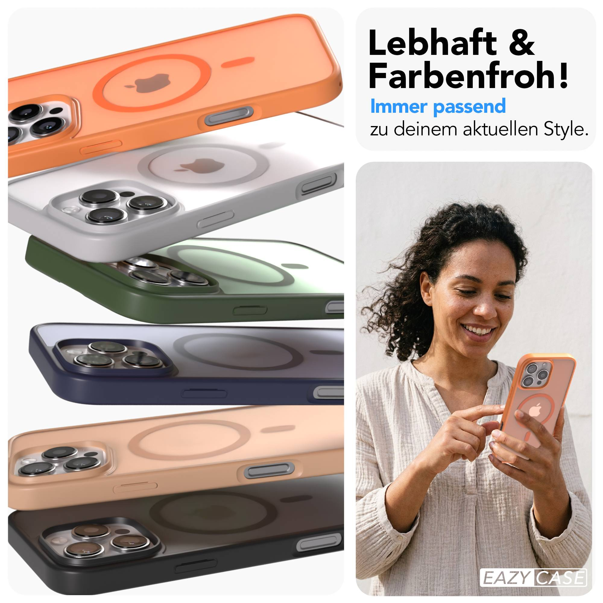 Eine Frau hält ein orangefarbenes Handy mit Hülle. Mehrere Handyhüllen sind gestapelt.