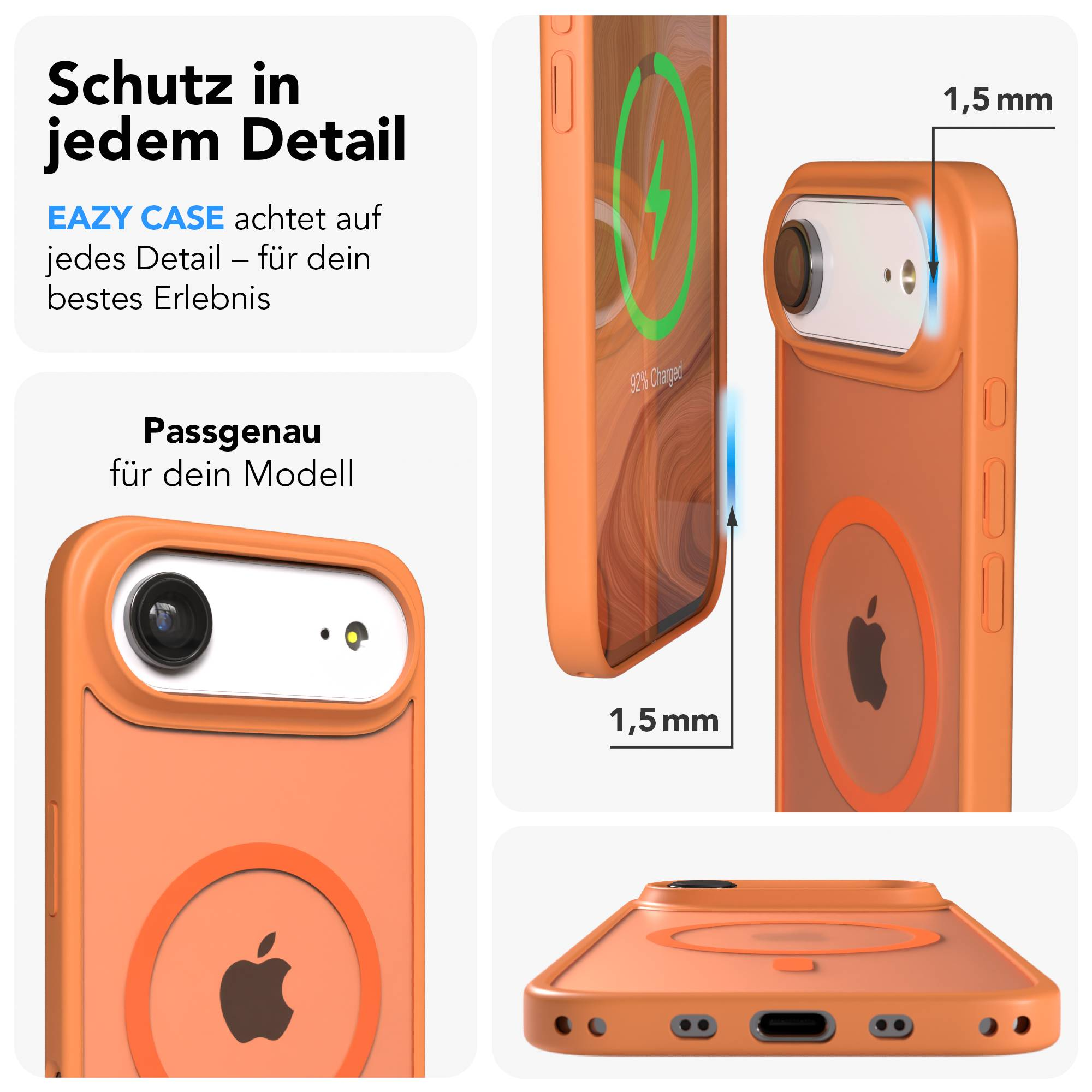 Orange Hülle für ein Smartphone mit Apple-Logo, Details und Ladeanzeige.