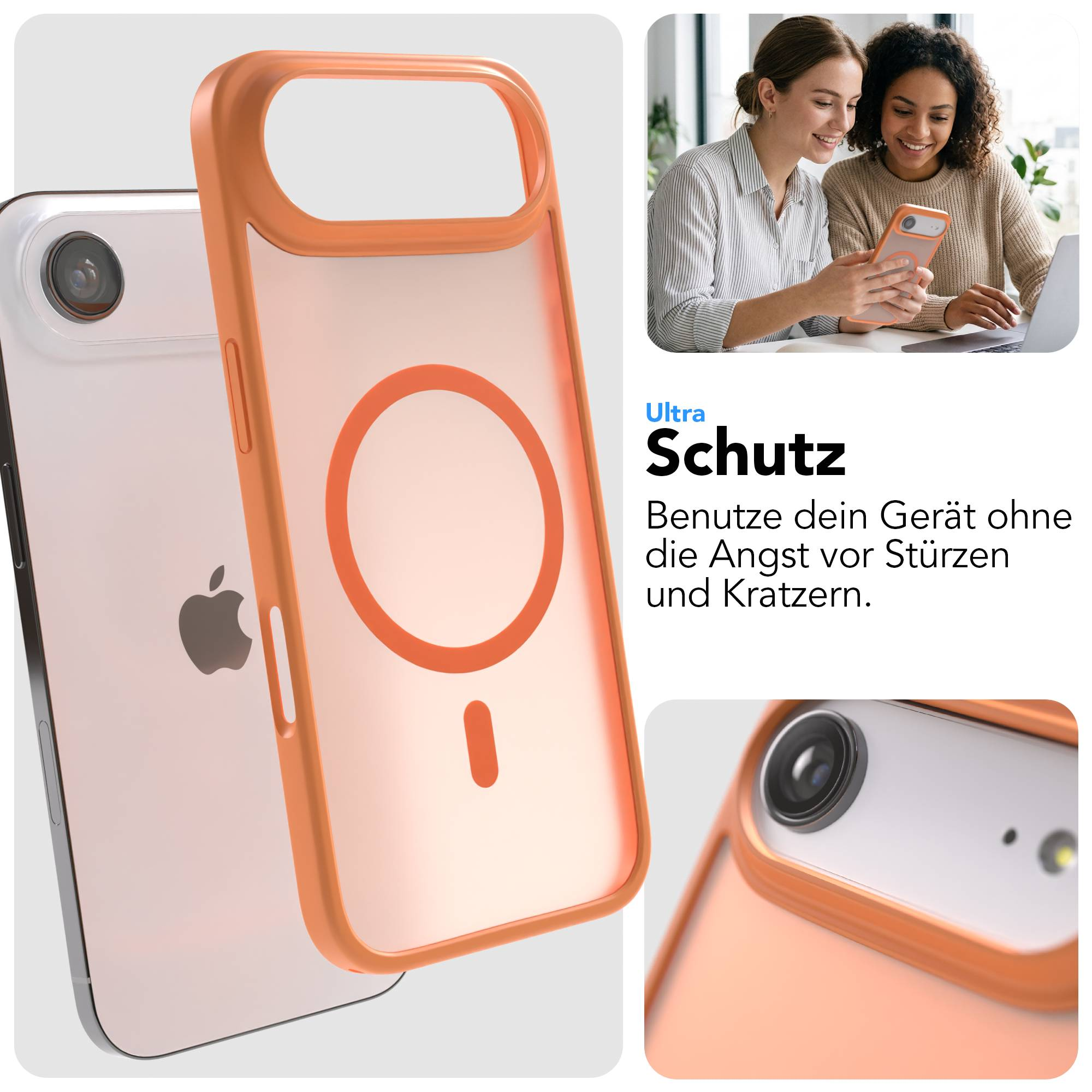 Orange Hülle für iPhone mit Apple-Logo und Kameras. Zwei Frauen nutzen ein Handy.