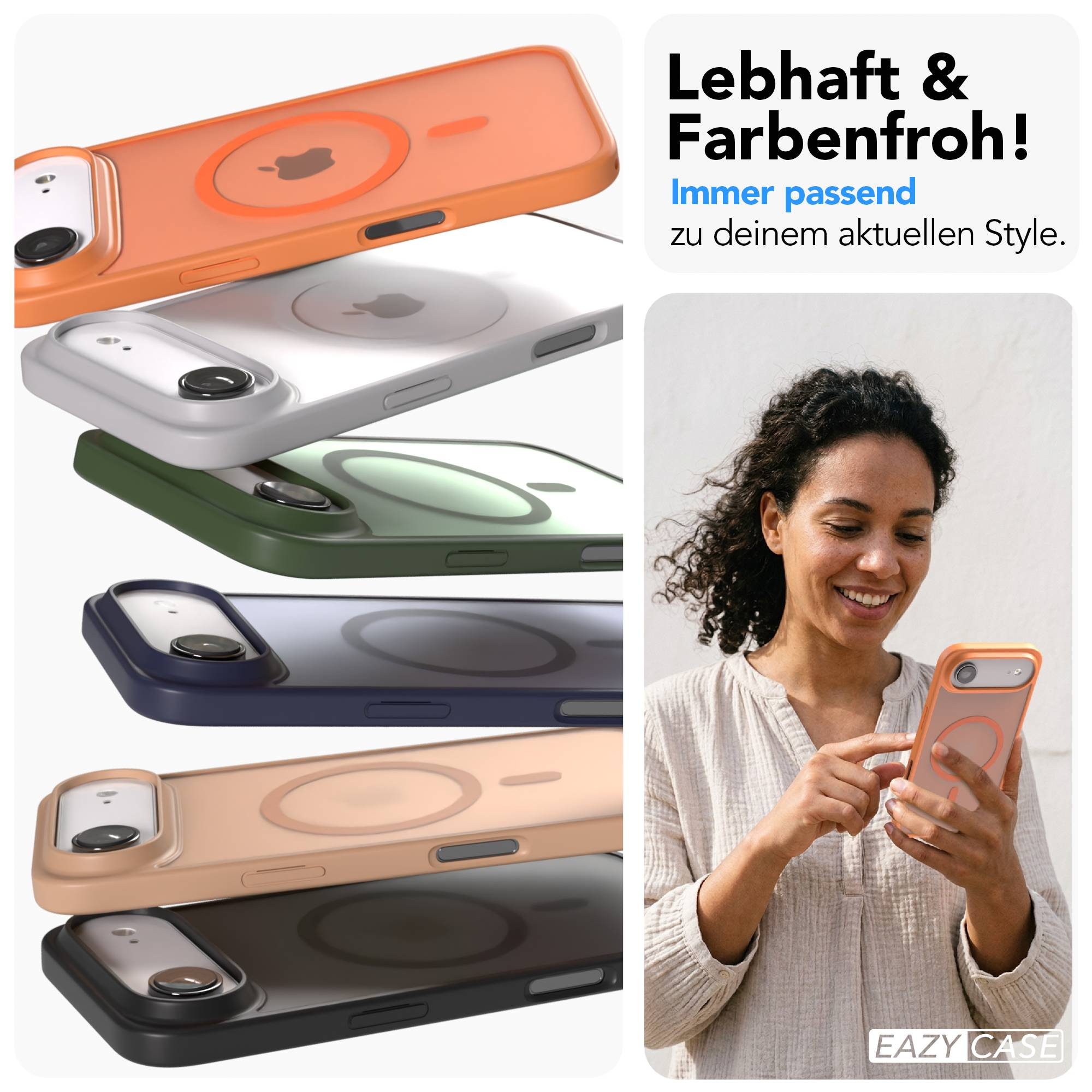 Mehrere iPhone-Hüllen in verschiedenen Farben und eine Frau, die ein Handy benutzt.