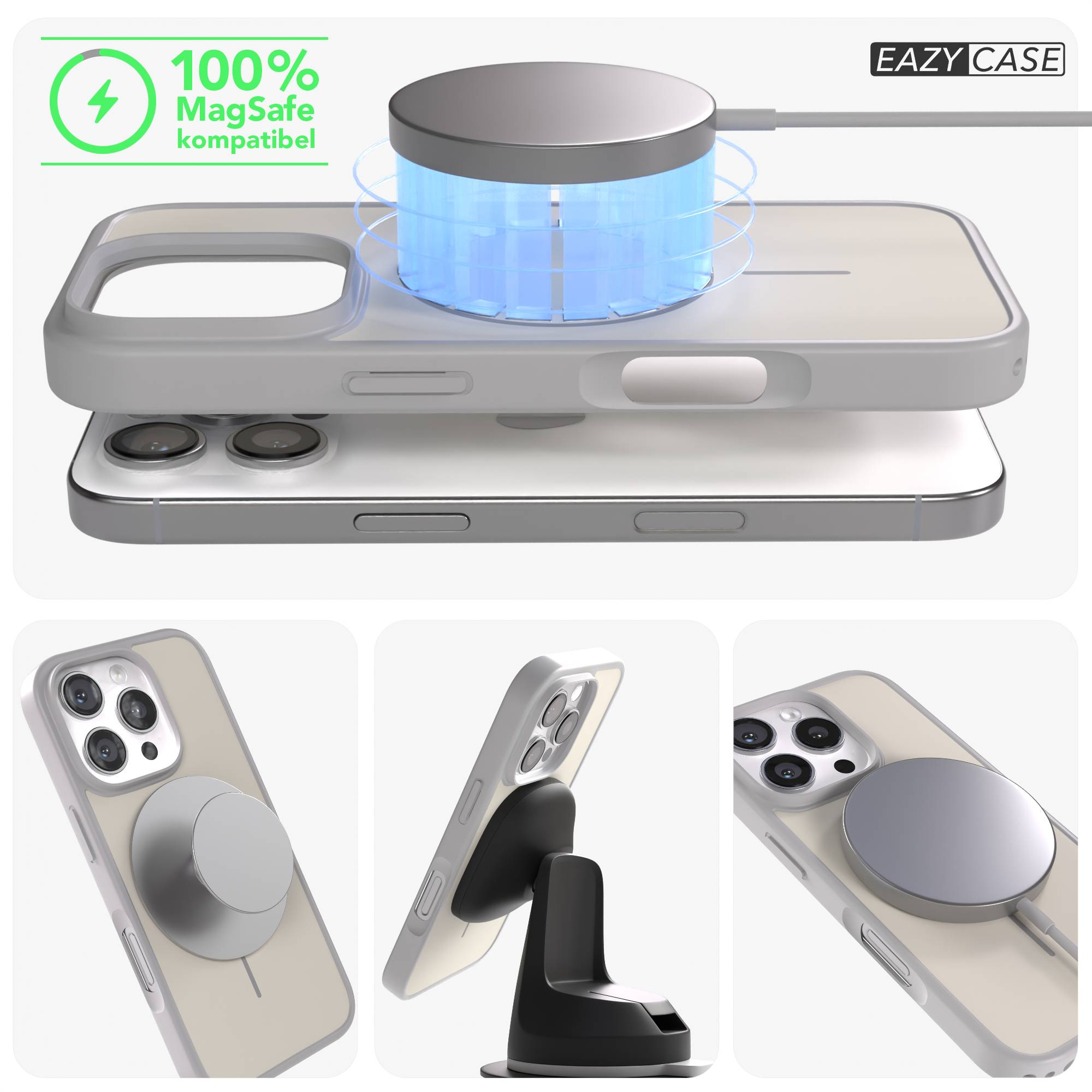 Graue Hülle für iPhone mit MagSafe-Ladegerät, Ständer und Ringhalter.
