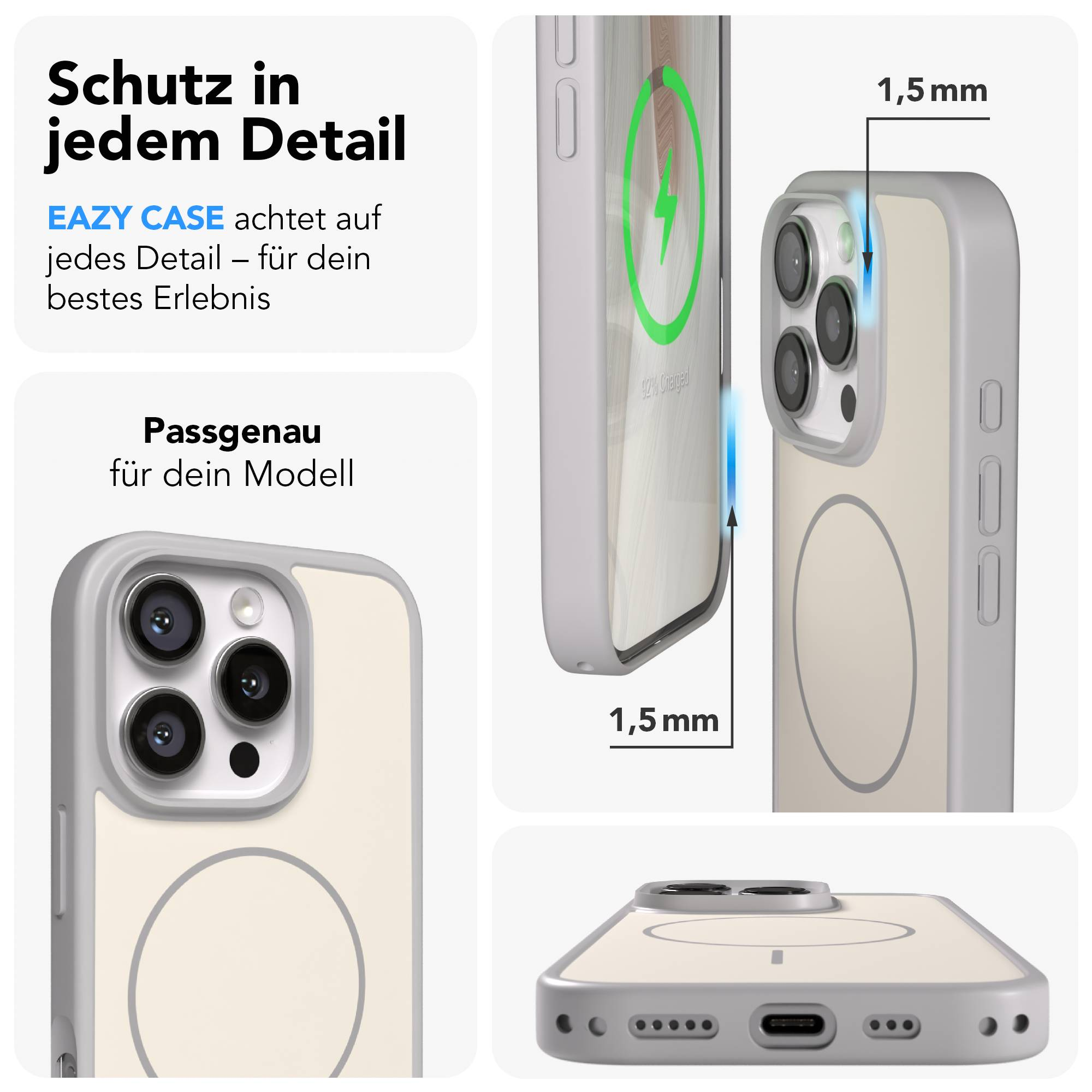 Ein Smartphone mit Schutzhülle, die 1,5 mm dick ist.