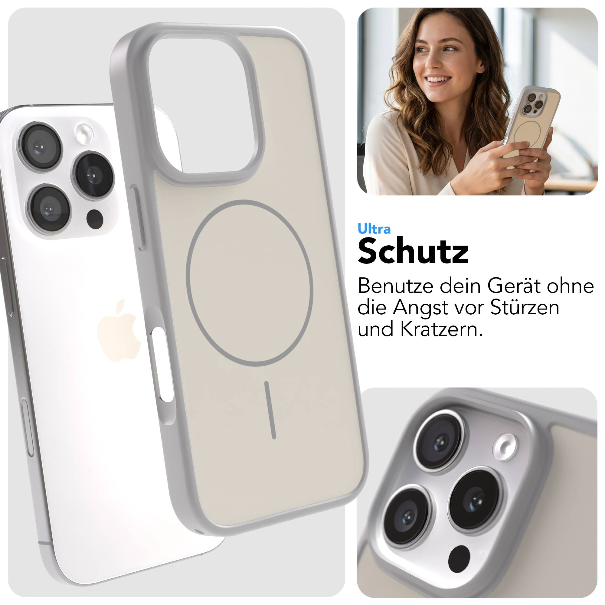 iPhone mit Schutzhülle, Frau hält Handy, Nahaufnahme der Kamera auf der Hülle.