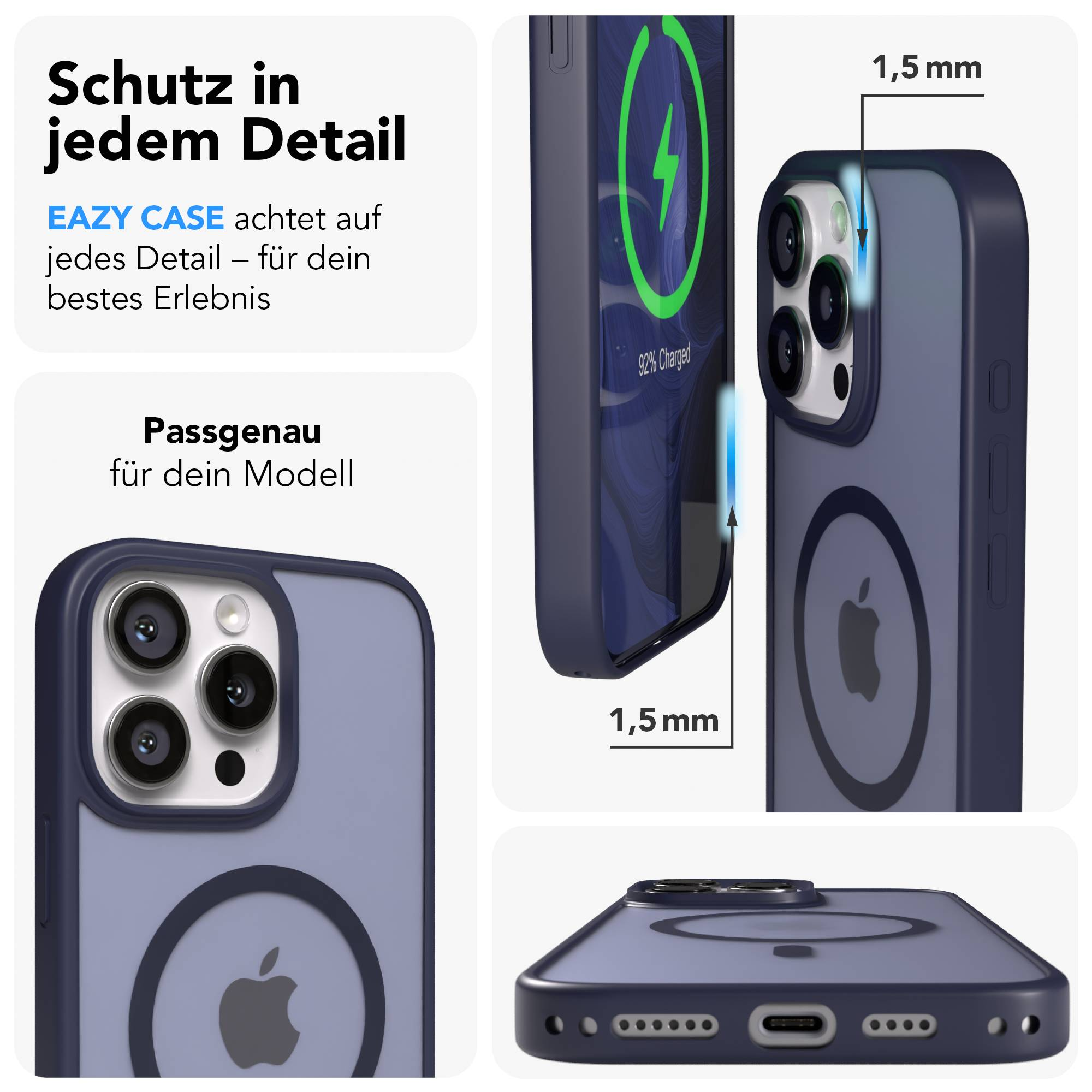 Dunkelblaues iPhone-Case mit Apple-Logo und Ladeanzeige. Maße 1,5mm.