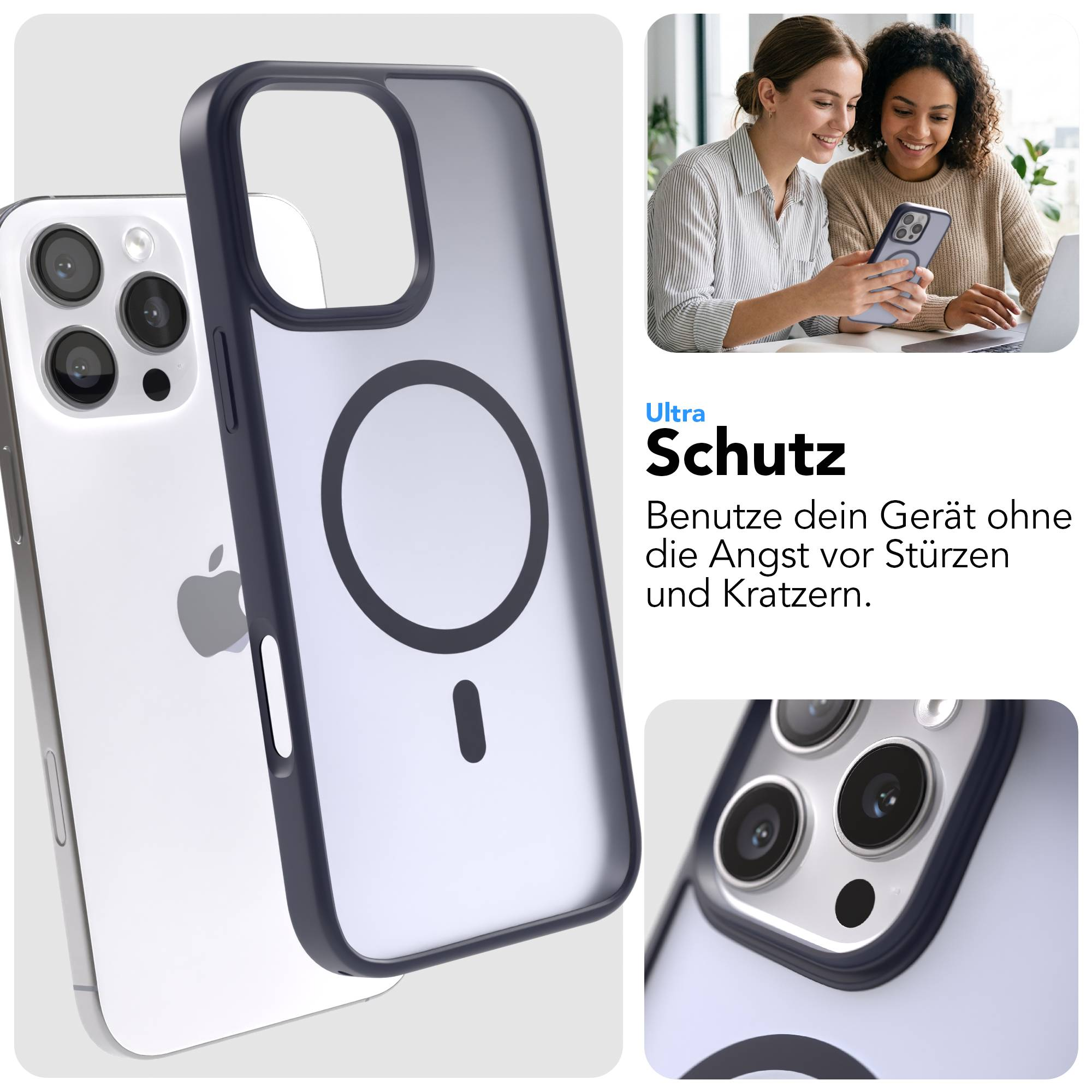 Ein schwarzes iPhone-Case liegt neben einem iPhone. Zwei Frauen schauen auf ein Handy.