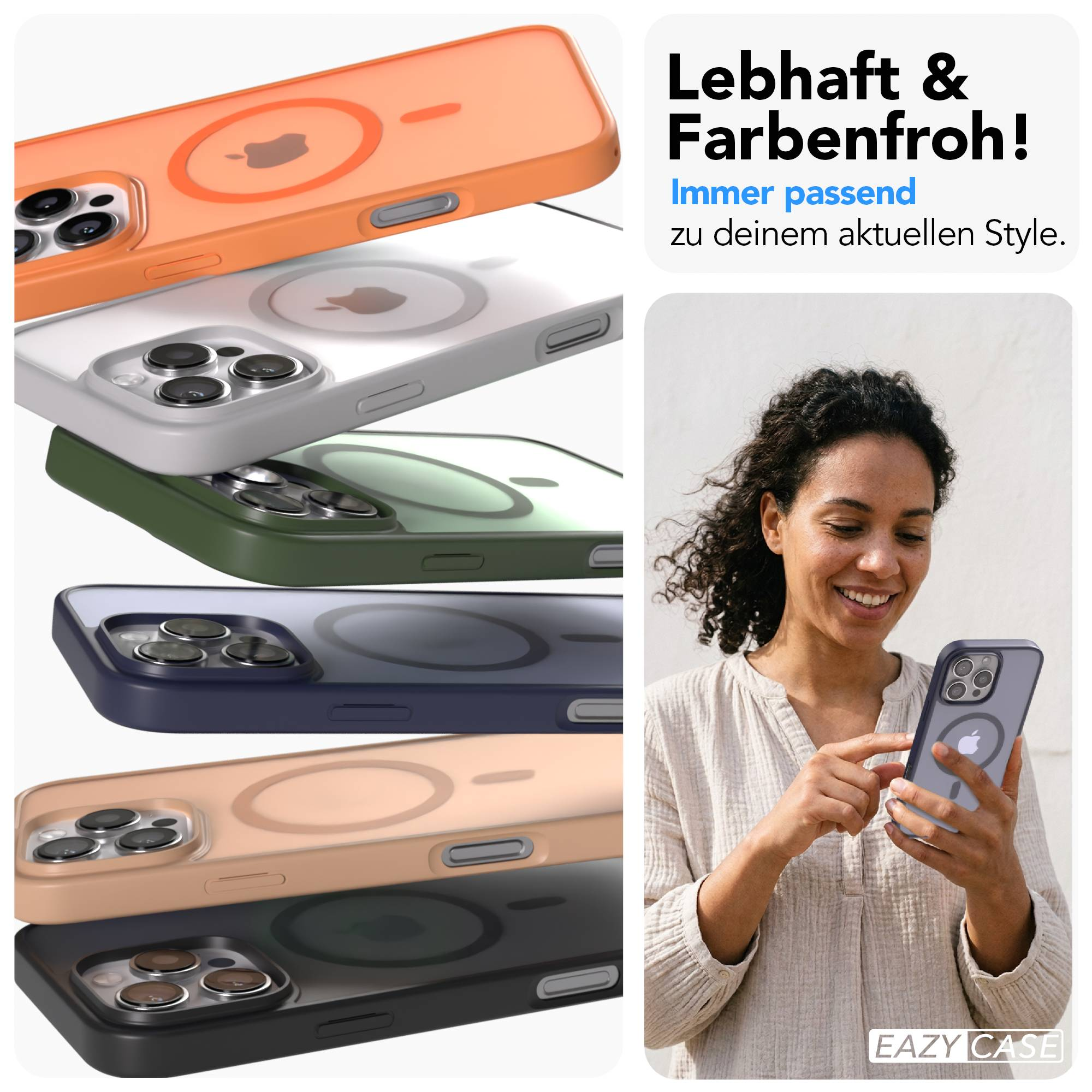 Eine Frau hält ein Handy in einer durchsichtigen Hülle. Mehrere bunte Handyhüllen sind gestapelt.