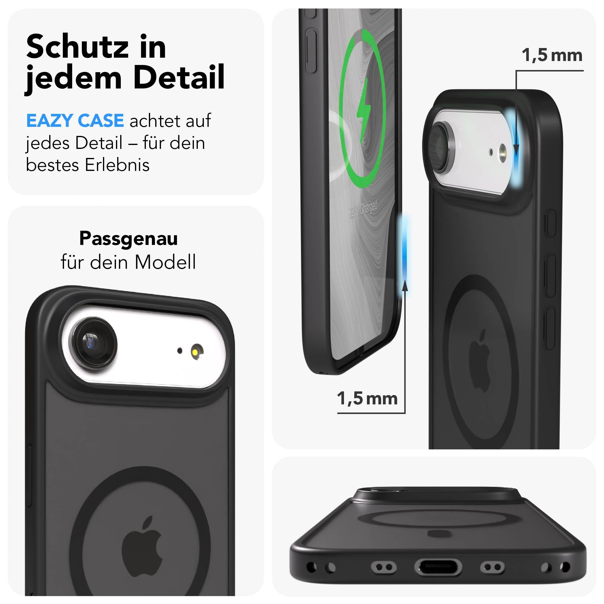 Schwarze Handyhülle mit Apple-Logo, Ladeanzeige und 1,5 mm Dicke.