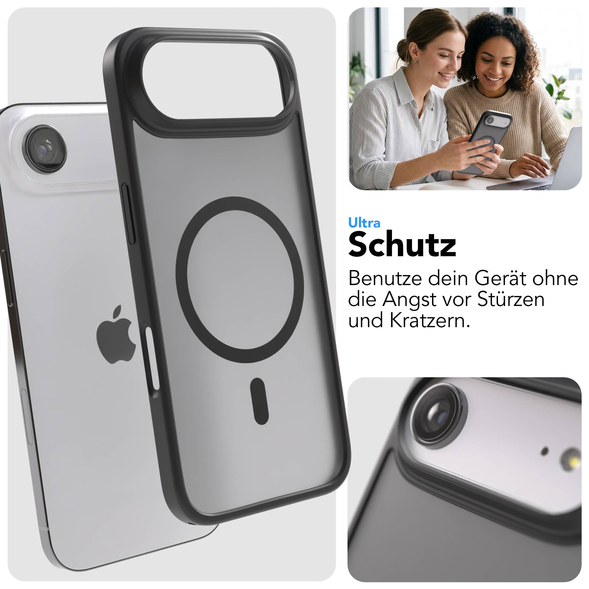 Transparente Handyhülle mit schwarzem Rand und Ring auf einem iPhone.