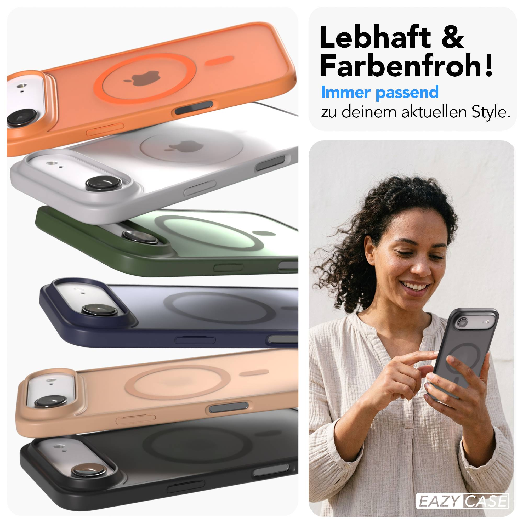 Eine Frau hält ein Handy in der Hand, daneben sind bunte Handyhüllen.