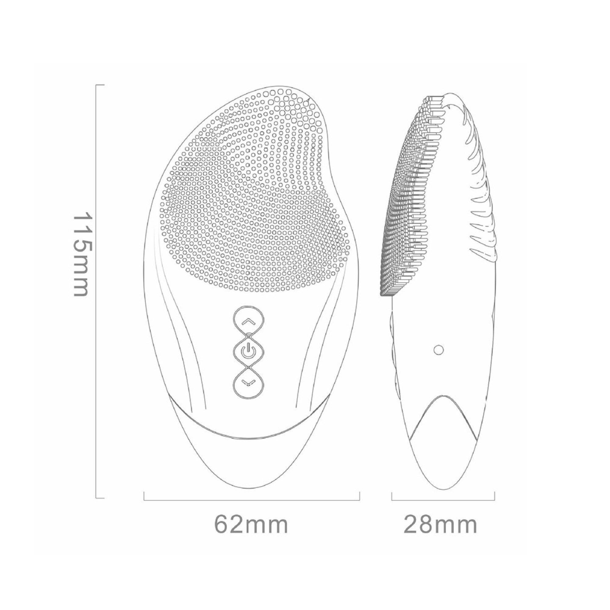 Skizze eines Gesichtsreinigungsgeräts mit Maßen 115x62x28mm.