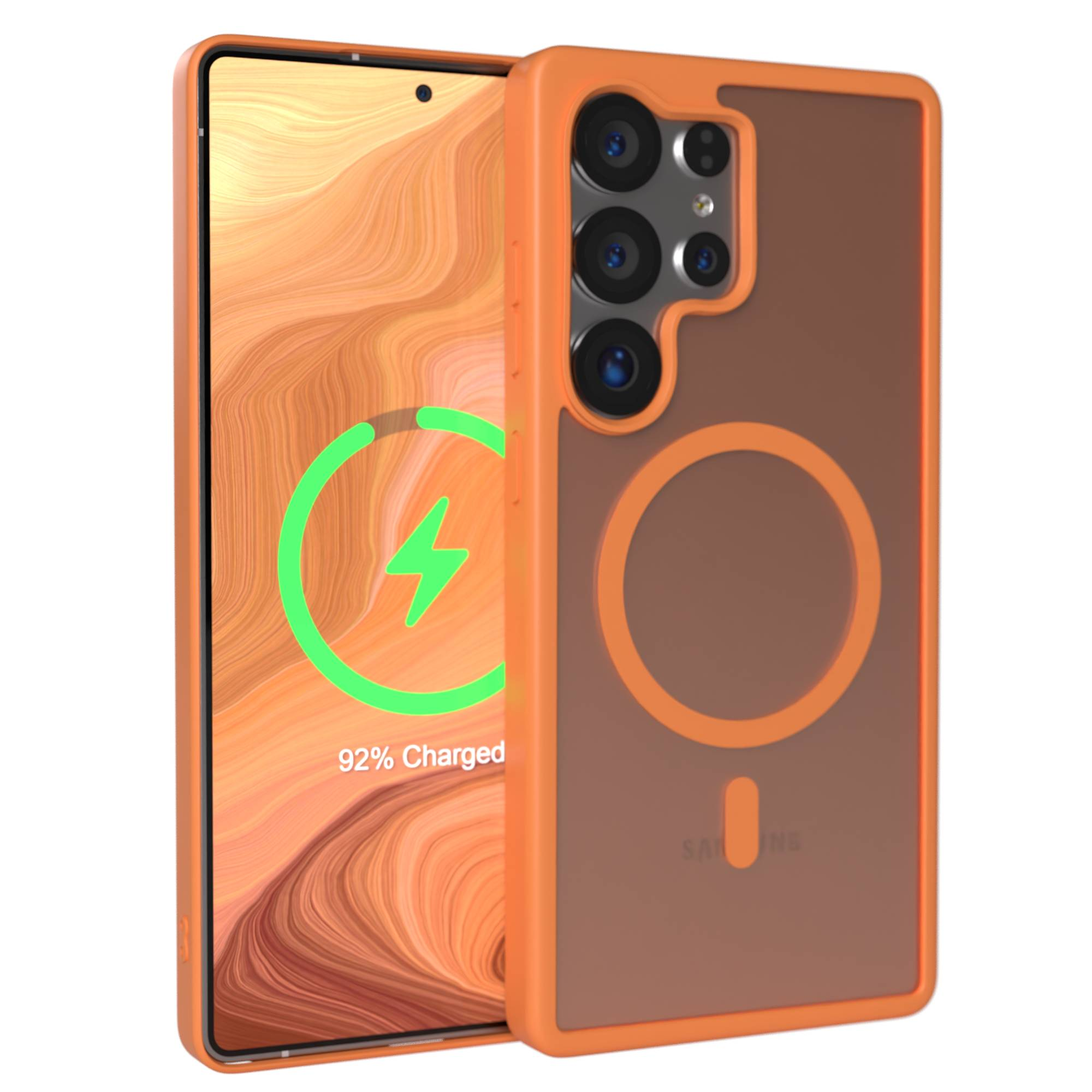 Ein orangefarbenes Handy mit voller Kamera und Ladeanzeige.