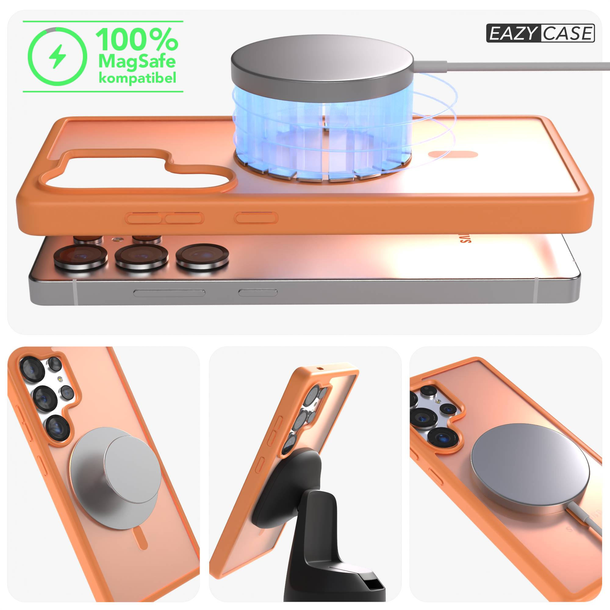 Orange Handyhülle mit MagSafe-Ladegerät und silbernem Ringhalter.